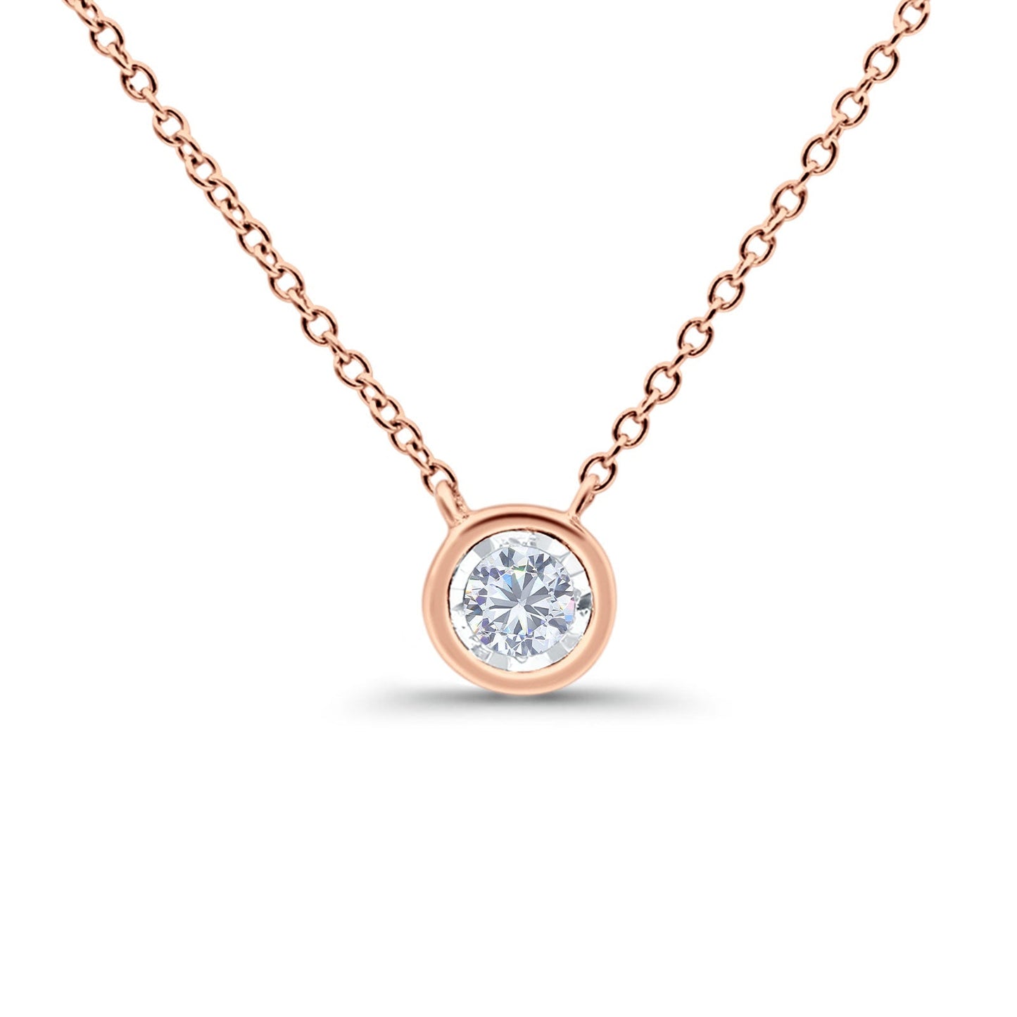 14K Rose Gold 0.10ct Round Shape Diamond Solitaire Bezel Pendant Chain Necklace 18" Long