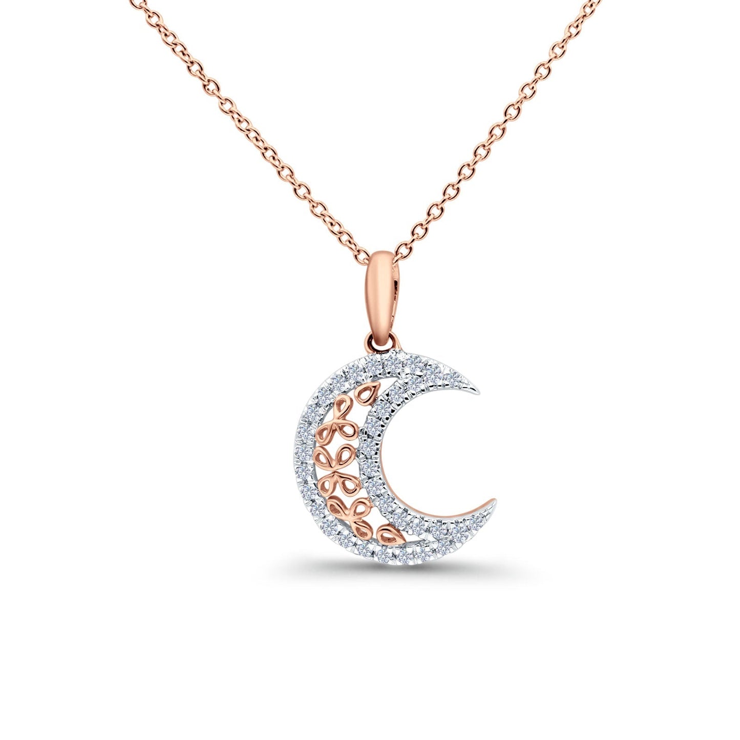 14K Rose Gold 0.17ct Round Shape Diamond Celestial Pendant Chain Necklace 18" Long