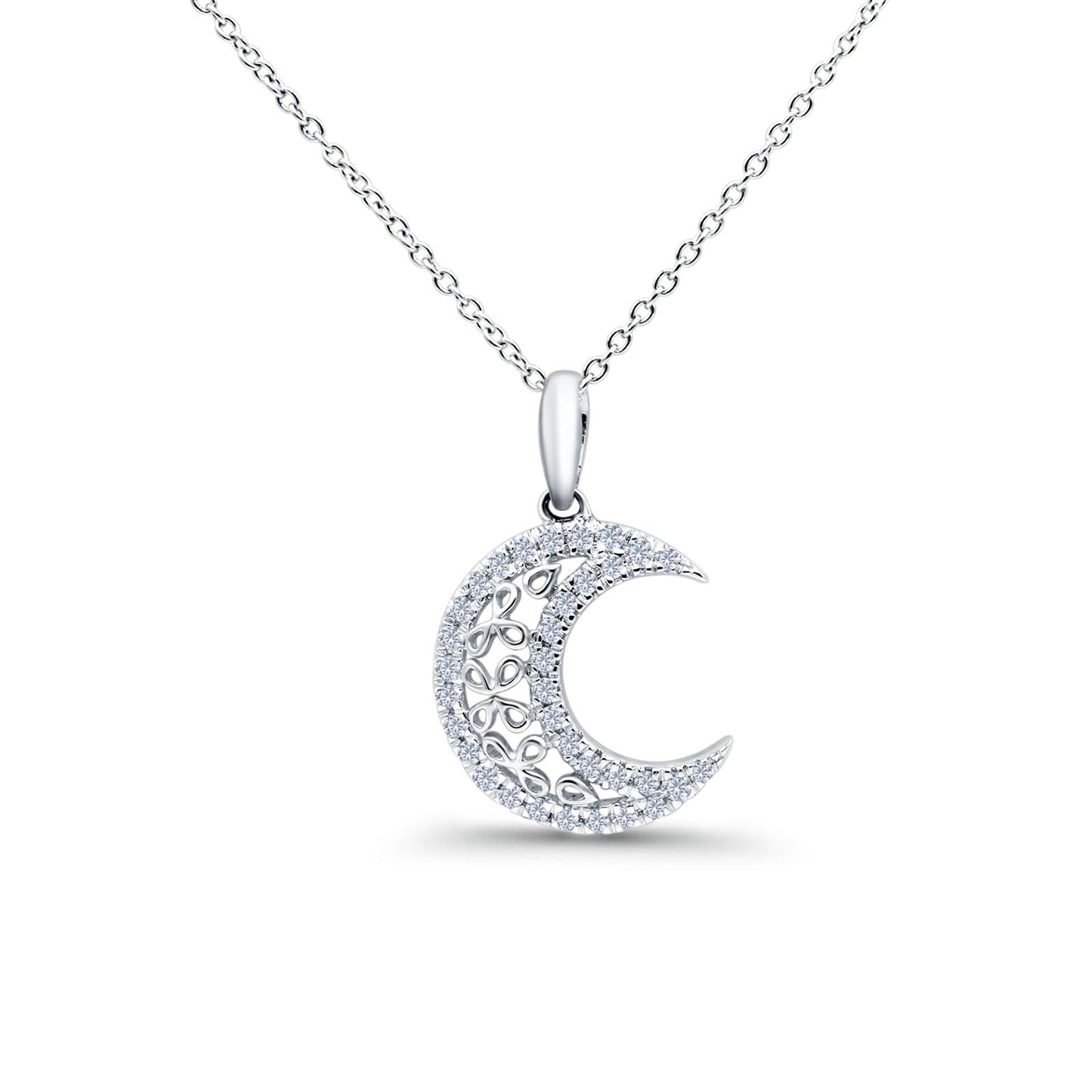 14K White Gold 0.17ct Round Shape Diamond Celestial Pendant Chain Necklace 18" Long