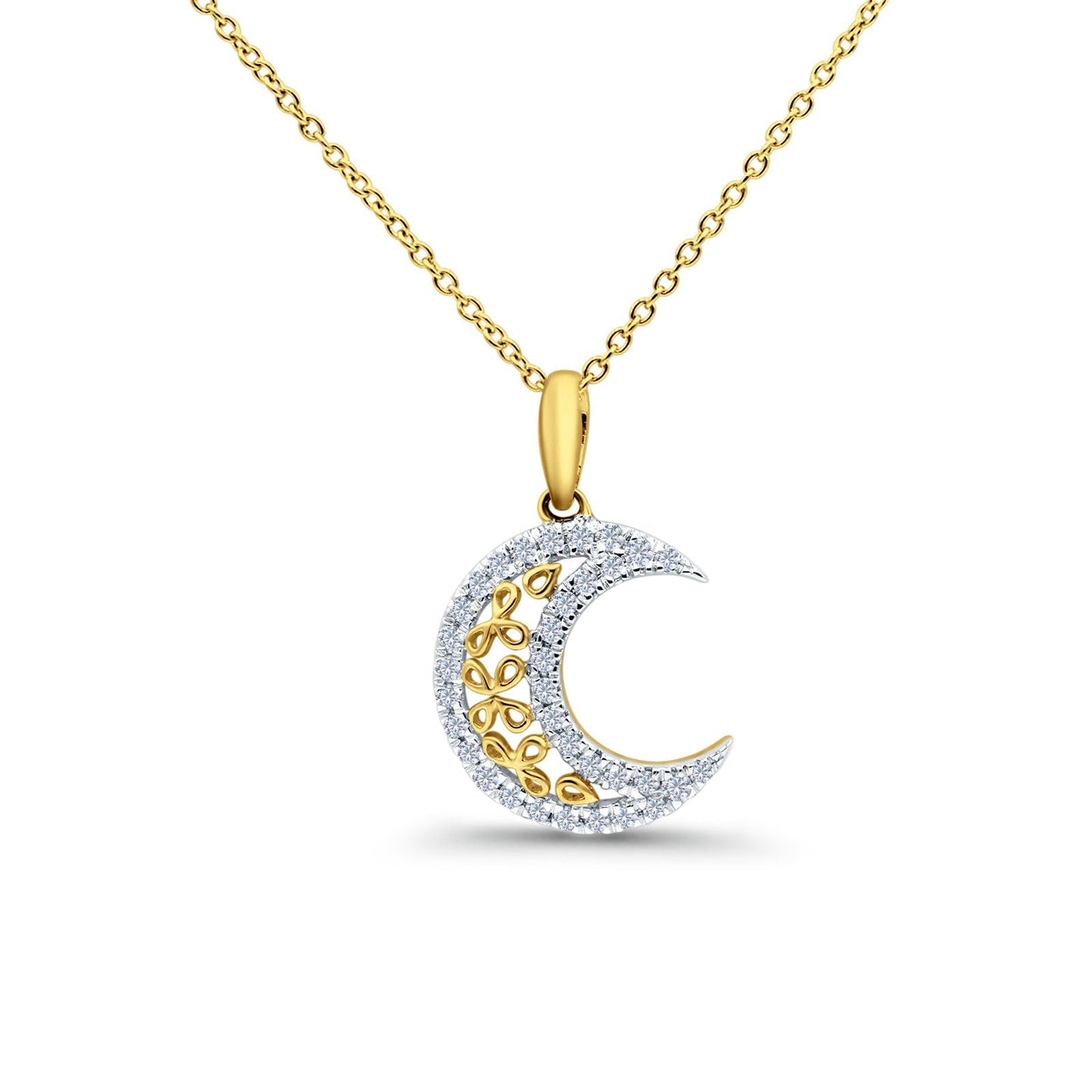 14K Yellow Gold 0.17ct Round Shape Diamond Celestial Pendant Chain Necklace 18" Long