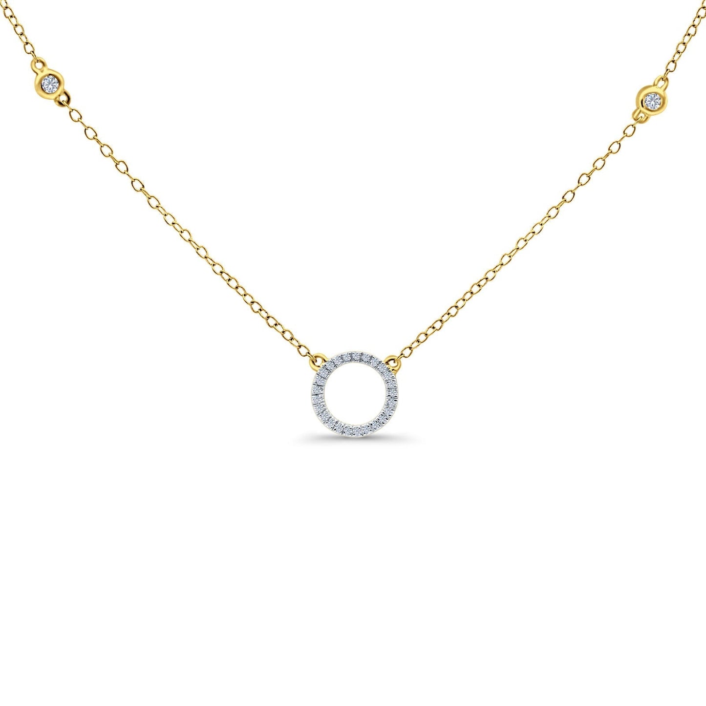 14K Yellow Gold 0.12ct Round Shape Diamond Trendy Circle Pendant Chain Necklace 18" Long