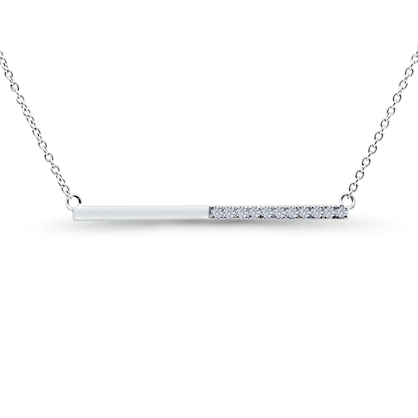 14K White Gold 0.09ct Round Shape Diamond Bar Pendant Chain Necklace 18" Long