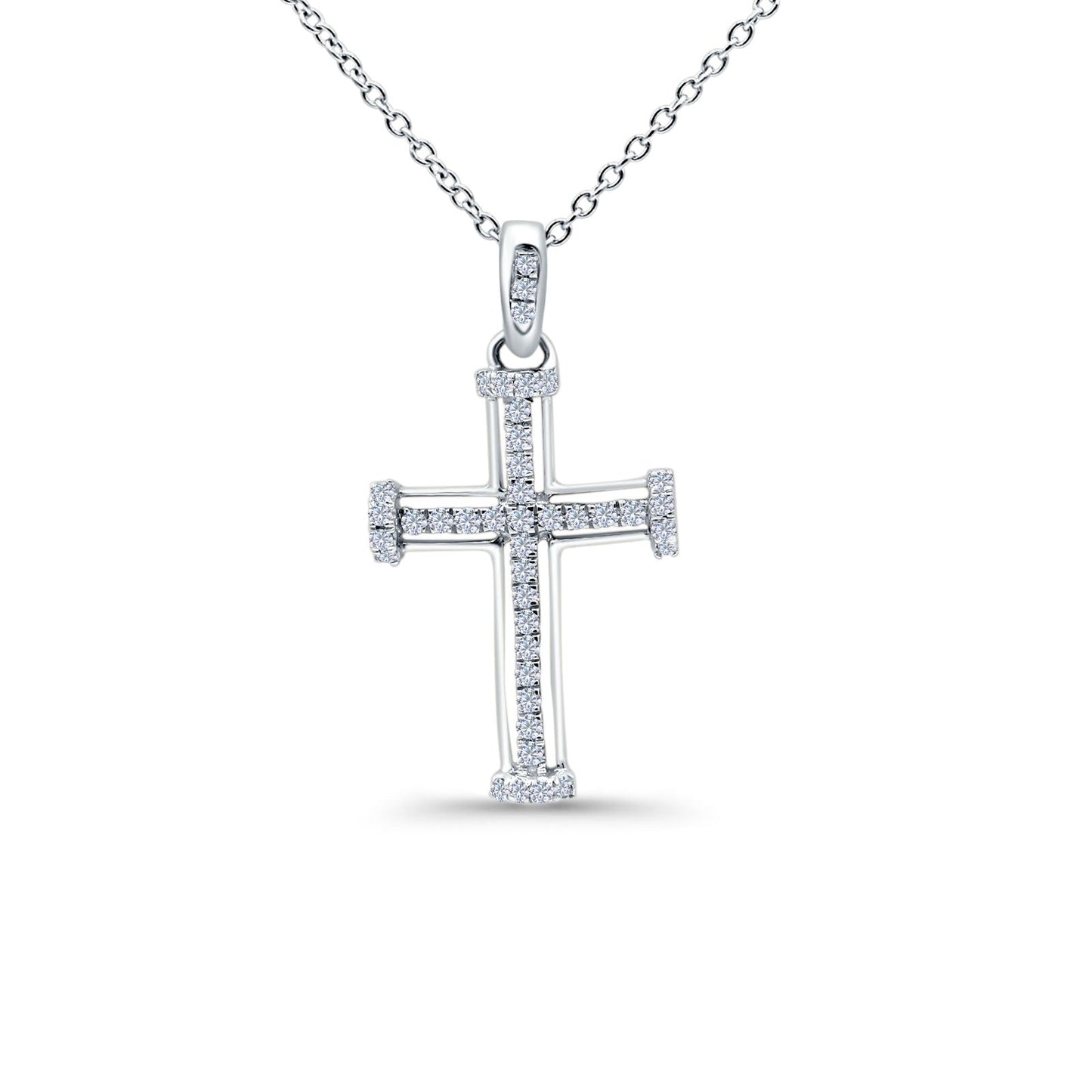 14K White Gold 0.20ct Round Shape Diamond Cross Pendant Chain Necklace 18" Long