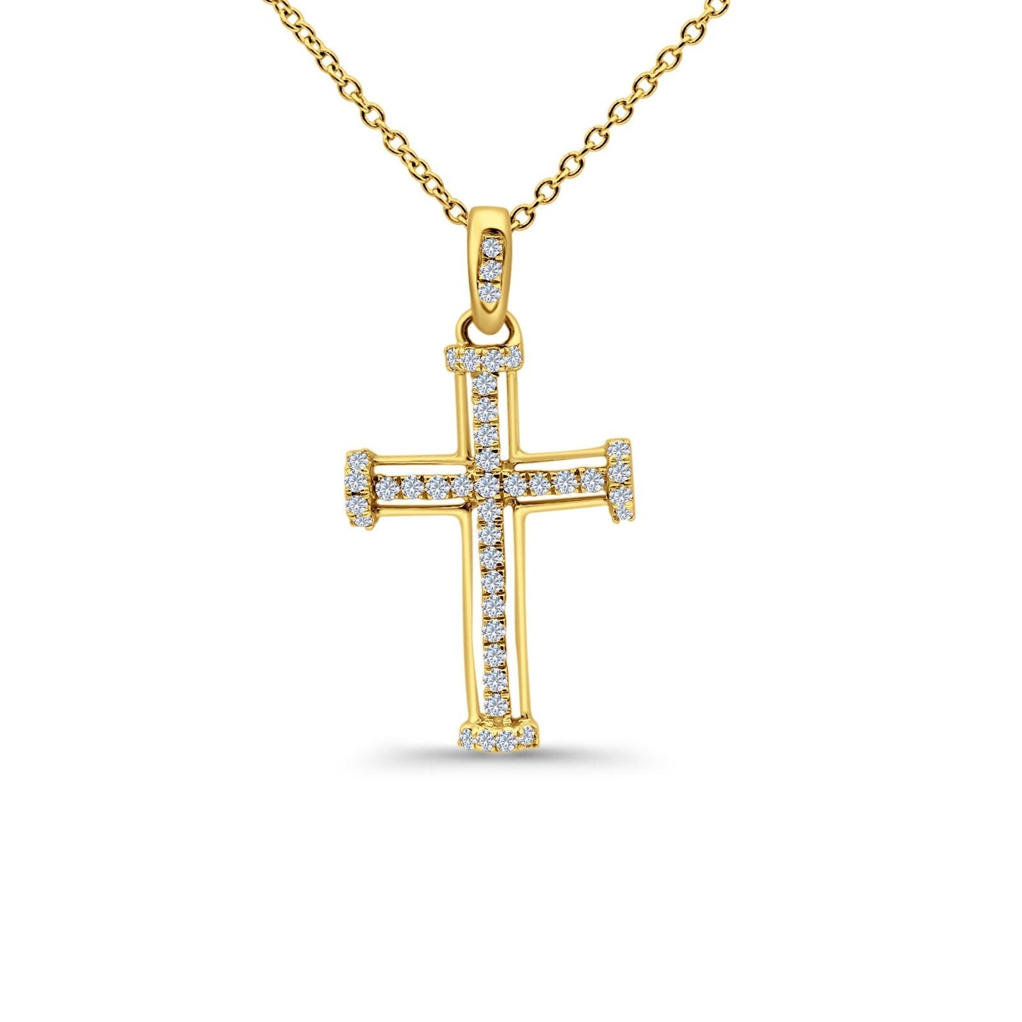 14K Yellow Gold 0.20ct Round Shape Diamond Cross Pendant Chain Necklace 18" Long