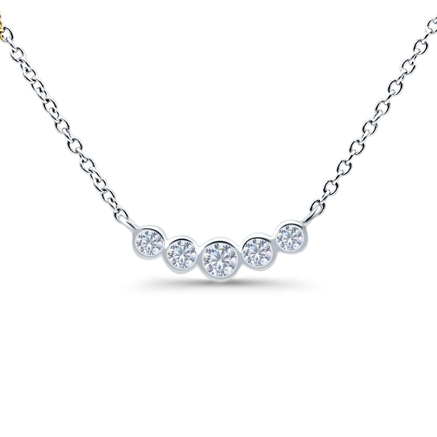 14K White Gold 0.21ct Round Shape Diamond Five Stone Pendant Chain Necklace 18" Long