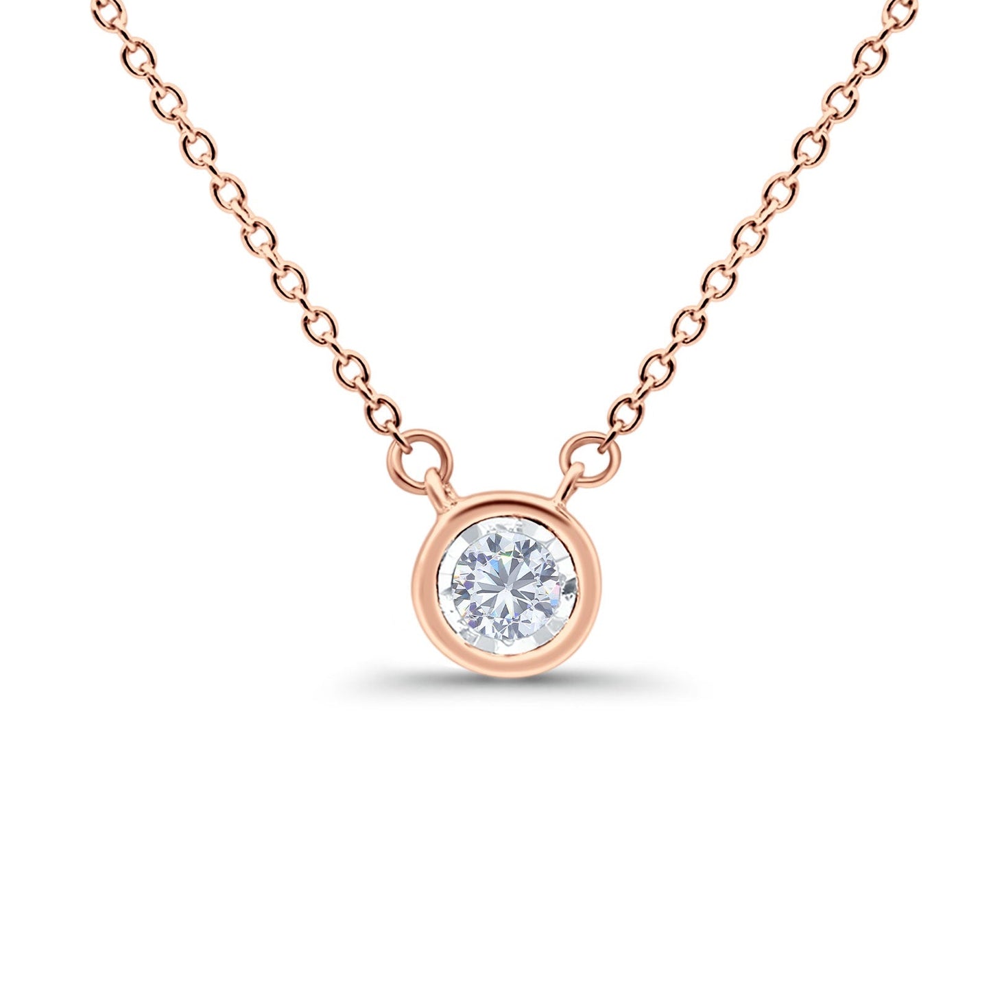 14K Rose Gold 0.10ct Round Shape Diamond Bezel Solitaire Pendant Chain Necklace 18" Long