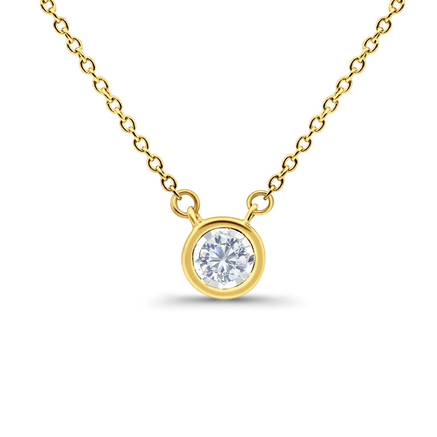 14K Yellow Gold 0.10ct Round Shape Diamond Bezel Solitaire Pendant Chain Necklace 18" Long