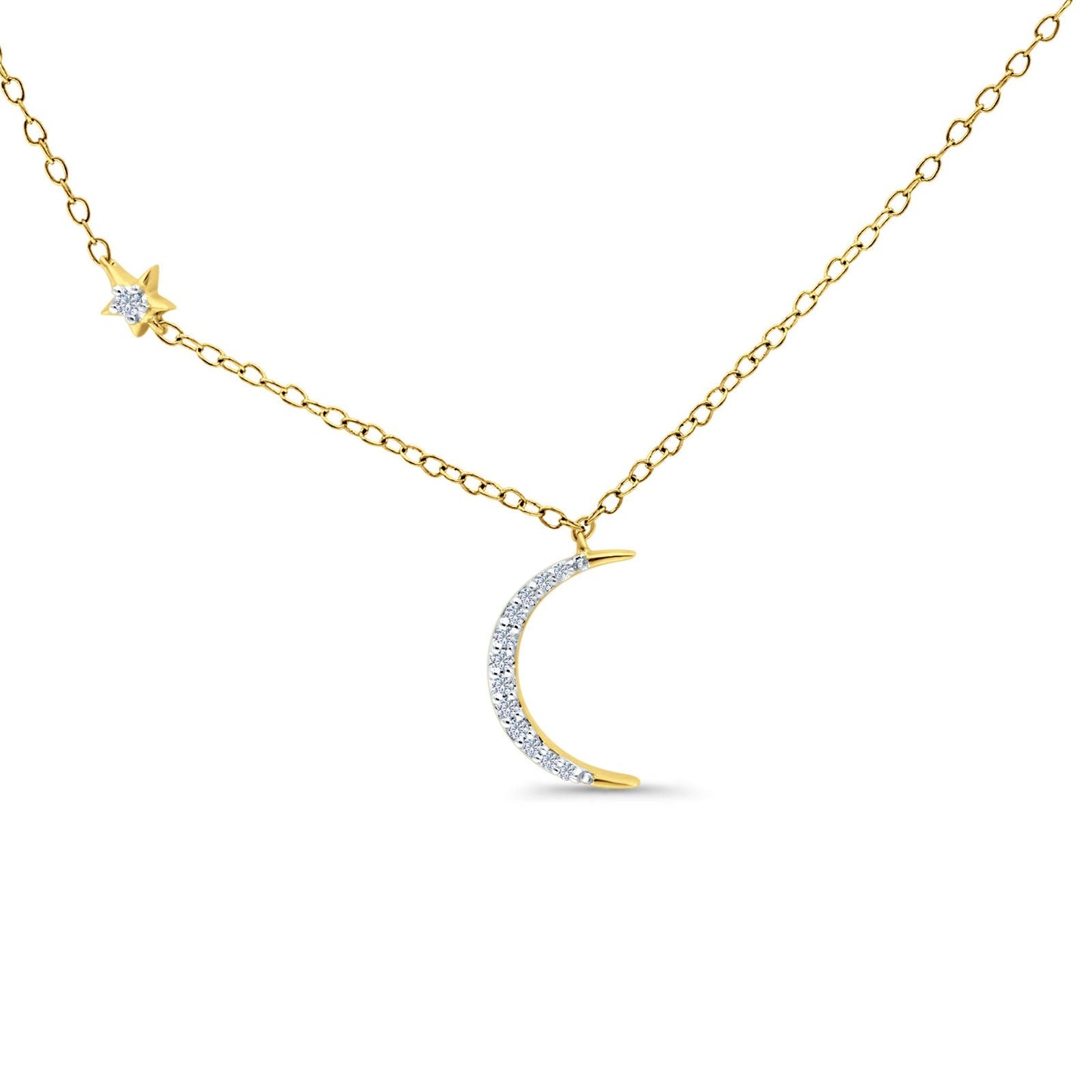 14K Yellow Gold Crescent Moon and Star Necklace 0.10ct Diamond 18 Inch Long