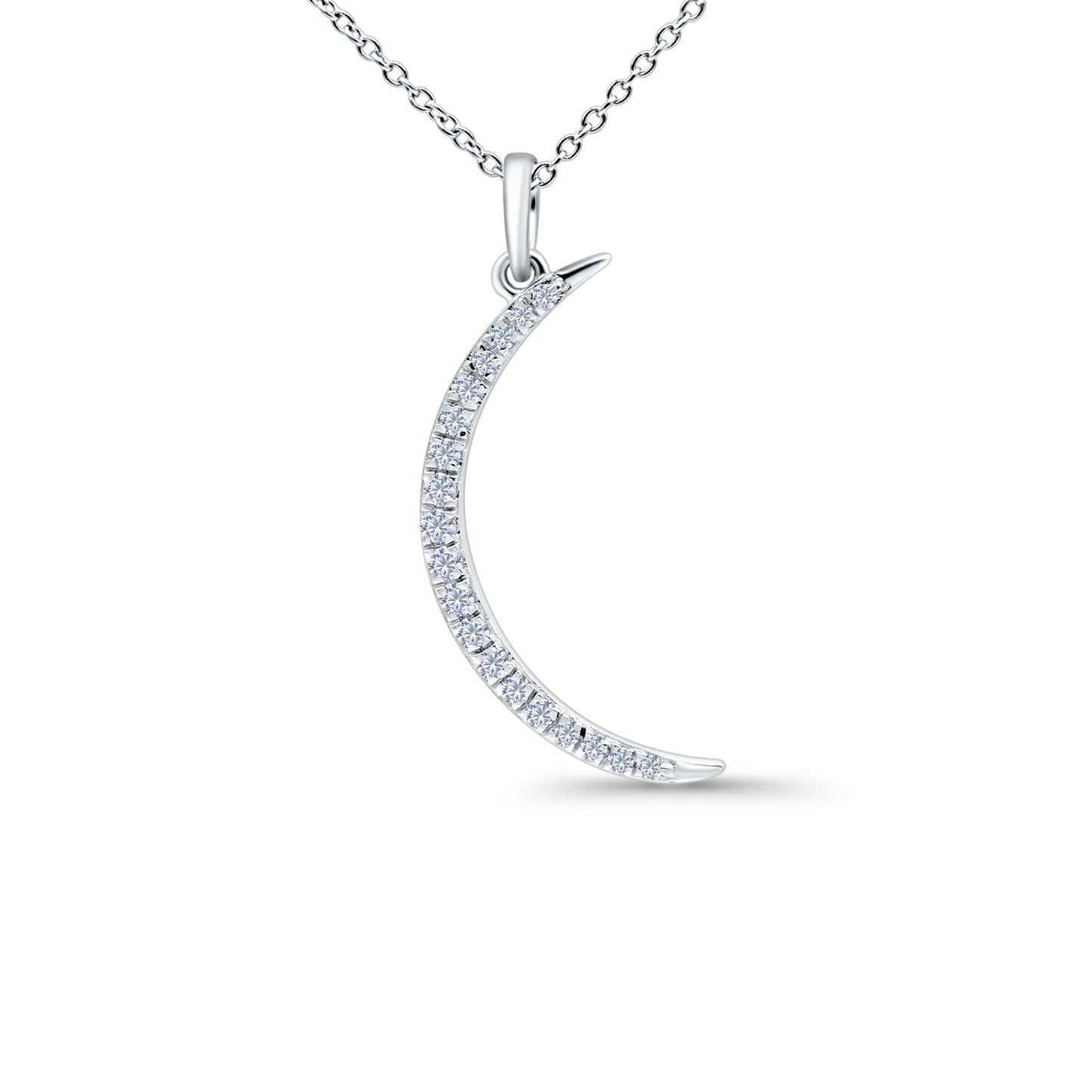 14K White Gold 0.15ct Round Shape Diamond Crescent Moon Pendant Chain Necklace 18" Long