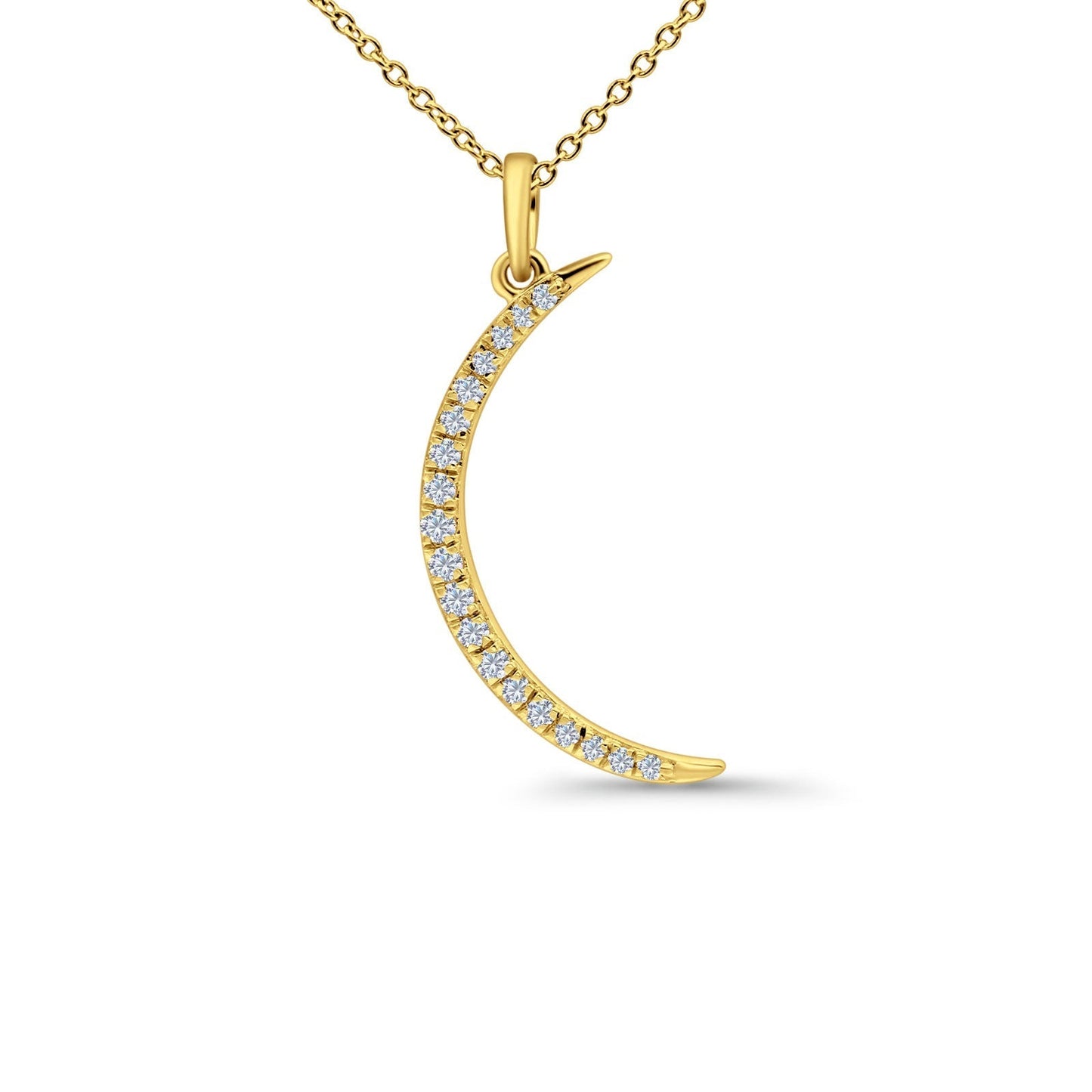 14K Yellow Gold Crescent Moon Necklace 0.15ct Diamond 18 Inch Long