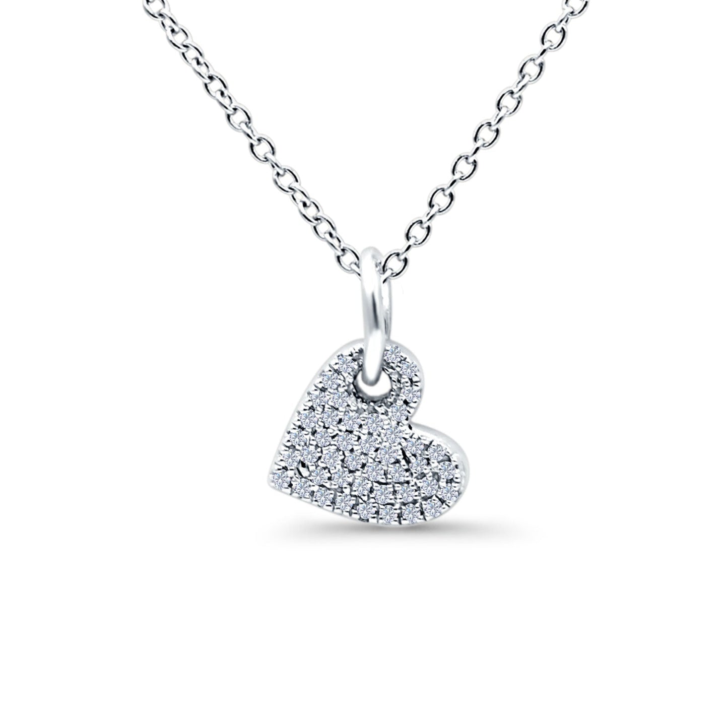 14K White Gold 0.07ct Round Shape Diamond Dangling Heart Pendant Chain Necklace 18" Long