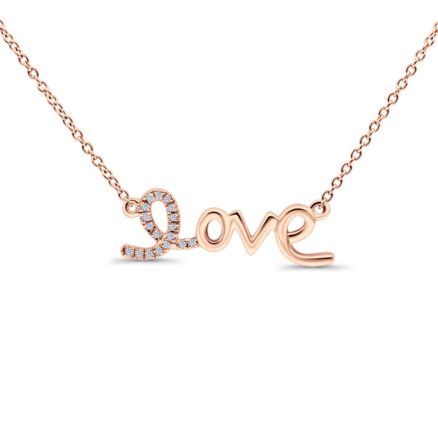 14K Rose Gold 0.06ct Round Shape Diamond Heart Love Script Pendant Chain Necklace 18" Long