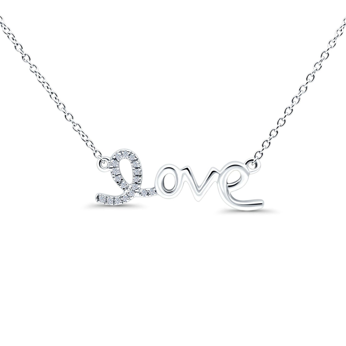 14K White Gold 0.06ct Diamond Heart Love Script Pendant Necklace - 18 Inch Chain