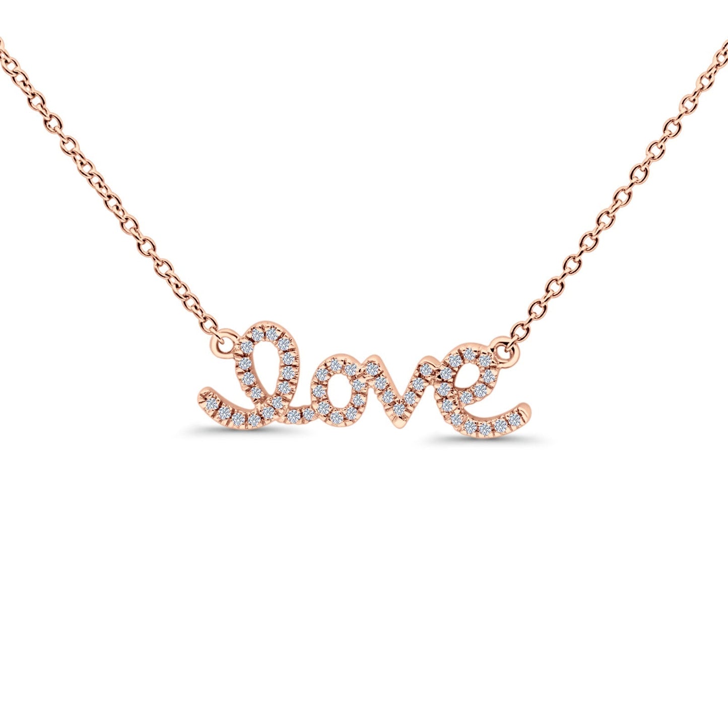 14K Rose Gold 0.08ct Round Shape Love Script Heart Diamond Pendant Chain Necklace 18" Long