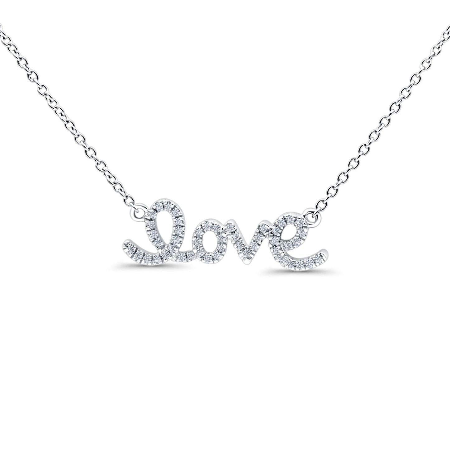 14K White Gold 0.08ct Round Shape Love Script Heart Diamond Pendant Chain Necklace 18" Long