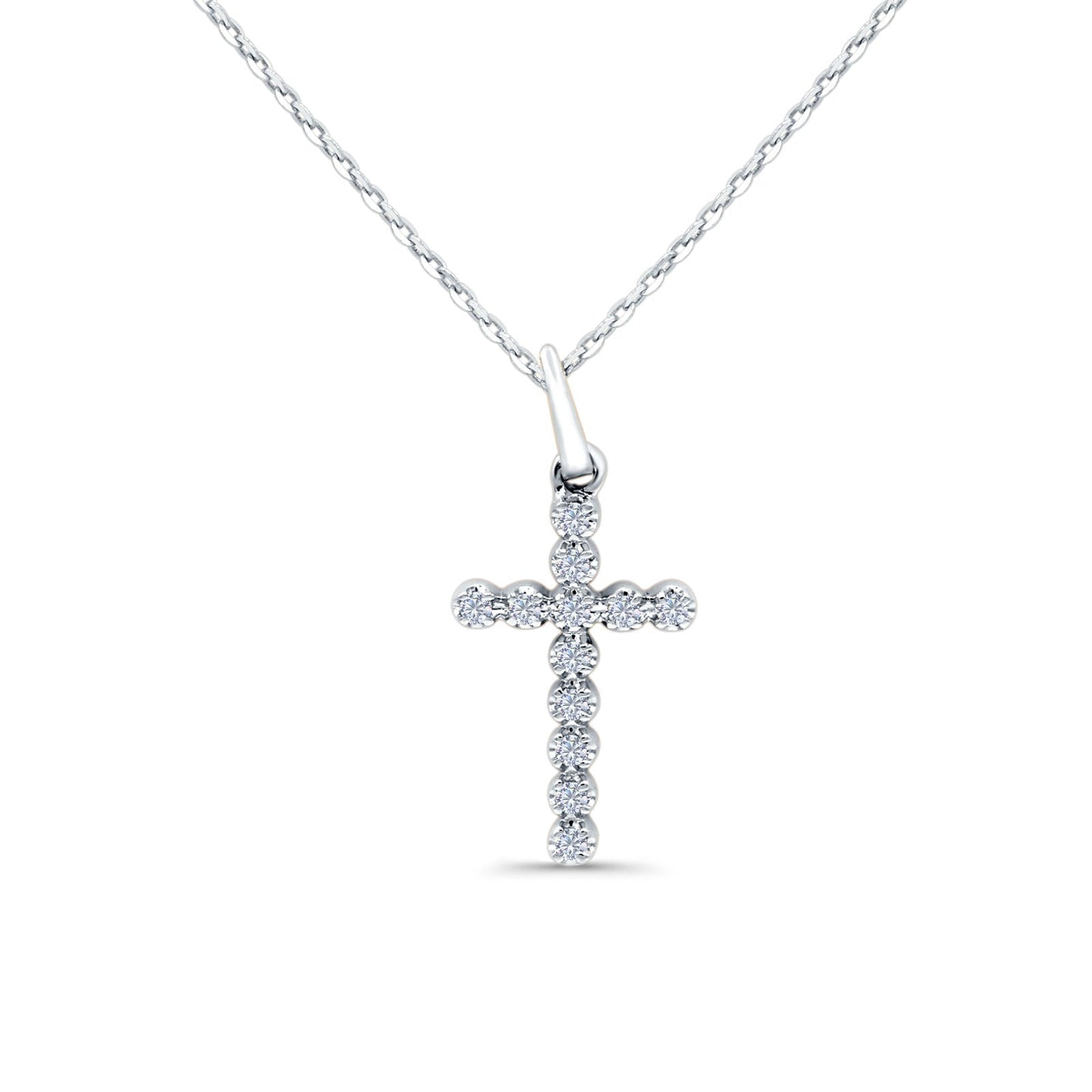 14K White Gold 0.10ct Round Shape Diamond Cross Pendant Chain Necklace 18" Long