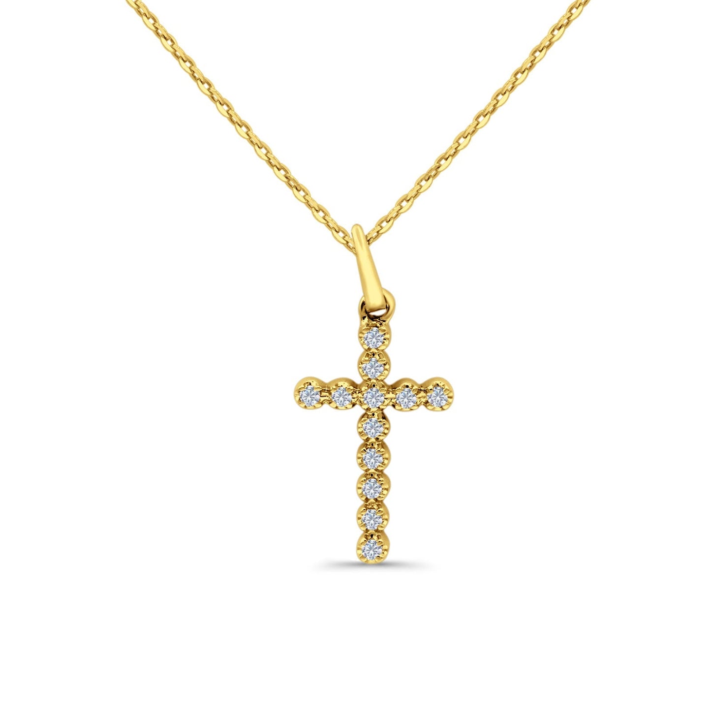 14K Yellow Gold 0.10ct Round Shape Diamond Cross Pendant Chain Necklace 18" Long