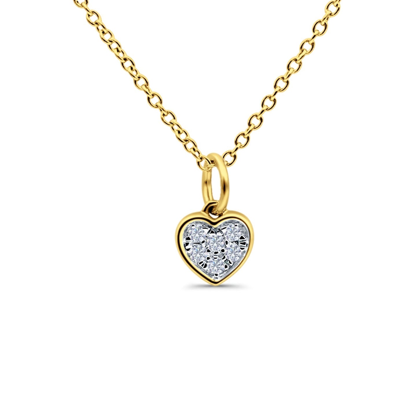 14K Yellow Gold 0.05ct Round Shape Diamond Heart Pendant Chain Necklace 18" Long