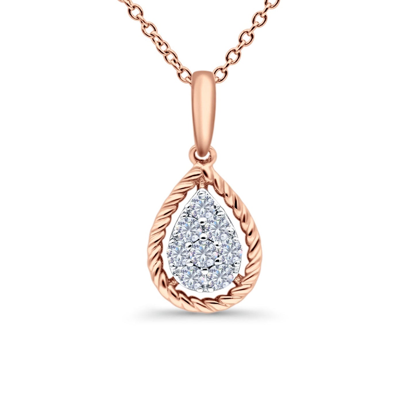 14K Rose Gold 0.22ct Round Shape Diamond Pendant Chain Necklace 18 Inch Long