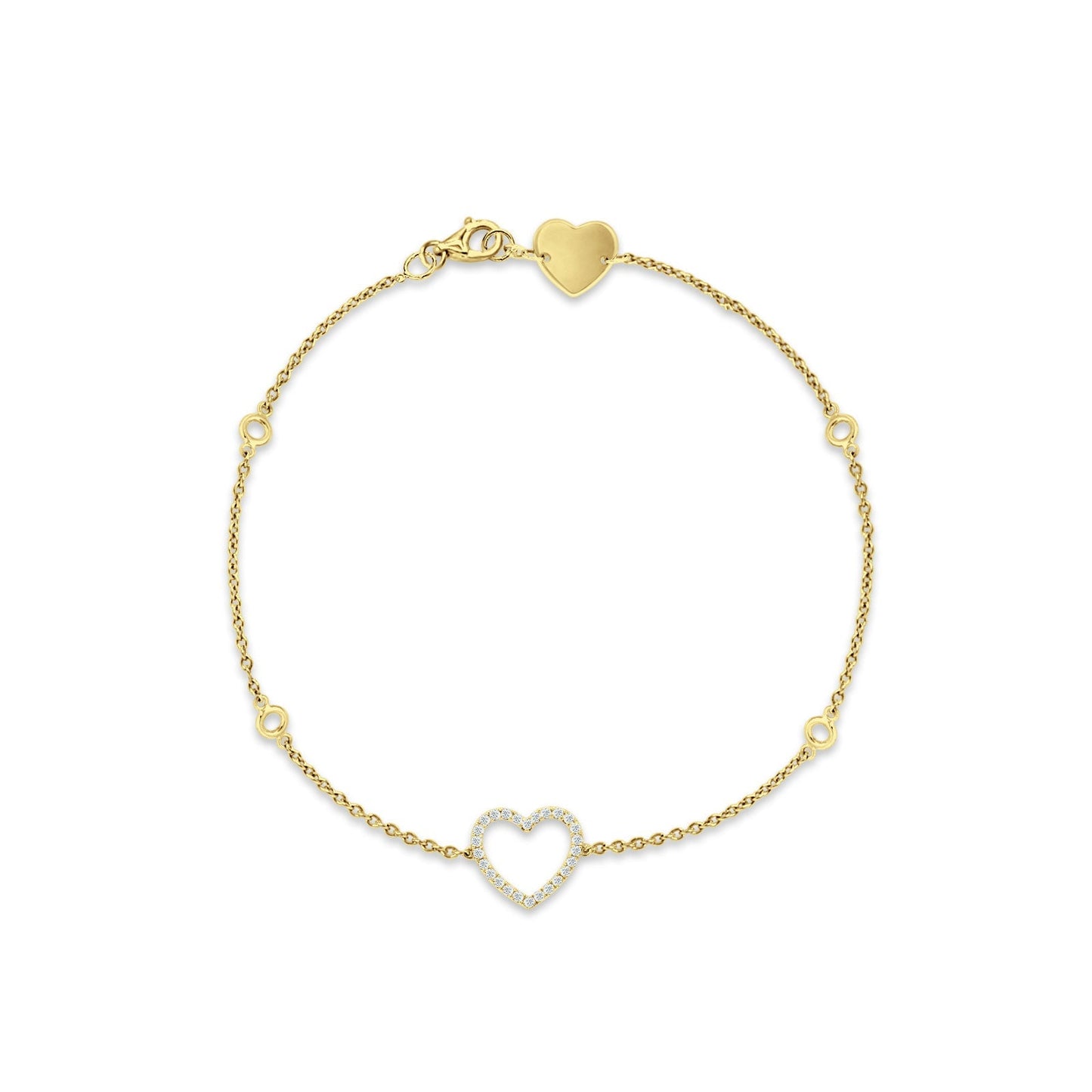 14K Yellow Gold 7 Inch Open Heart Bracelet Round Natural Diamond Wholesale