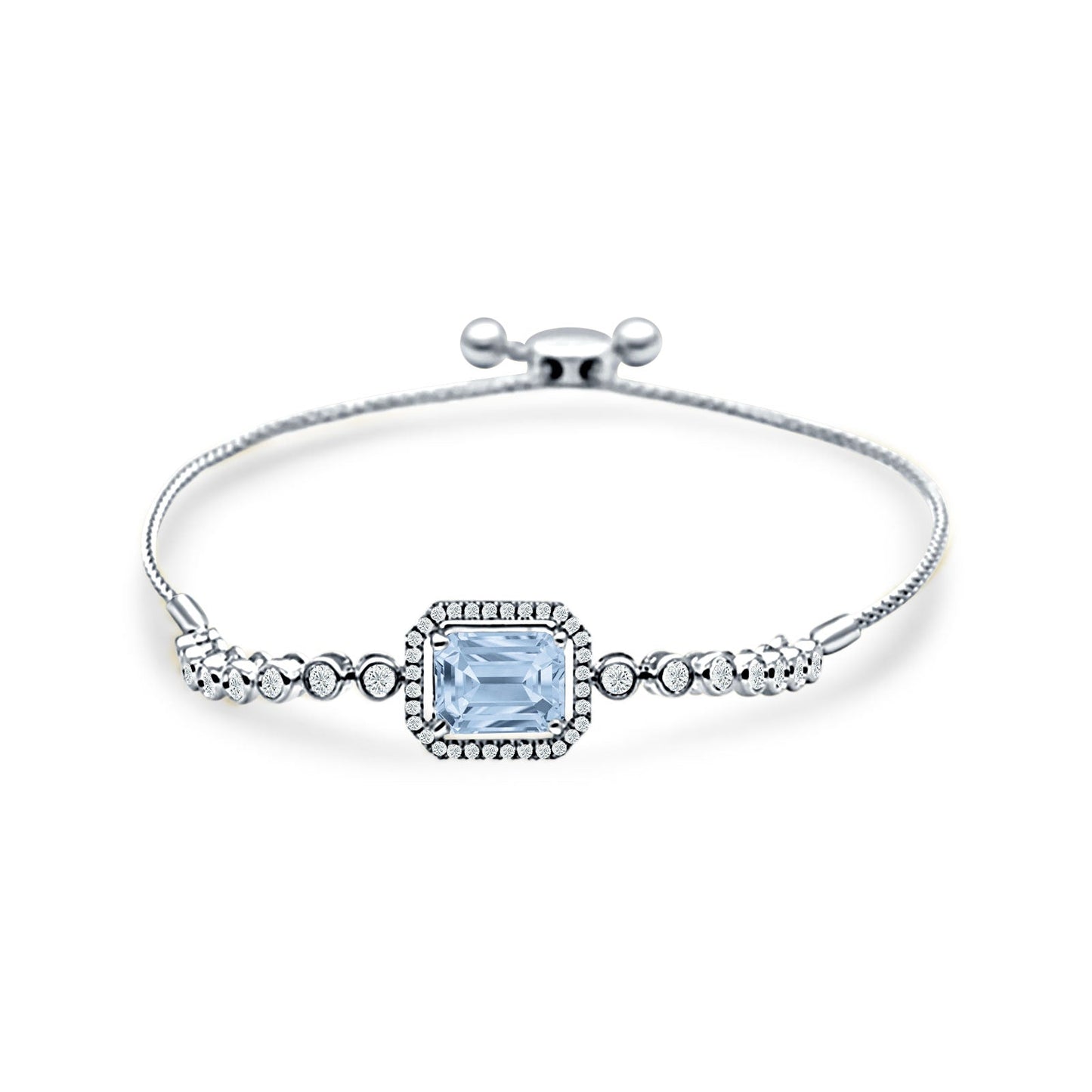 14K White Gold Emerald Cut Aquamarine Adjustable Bolo Chain Bracelet Natural Diamond Wholesale