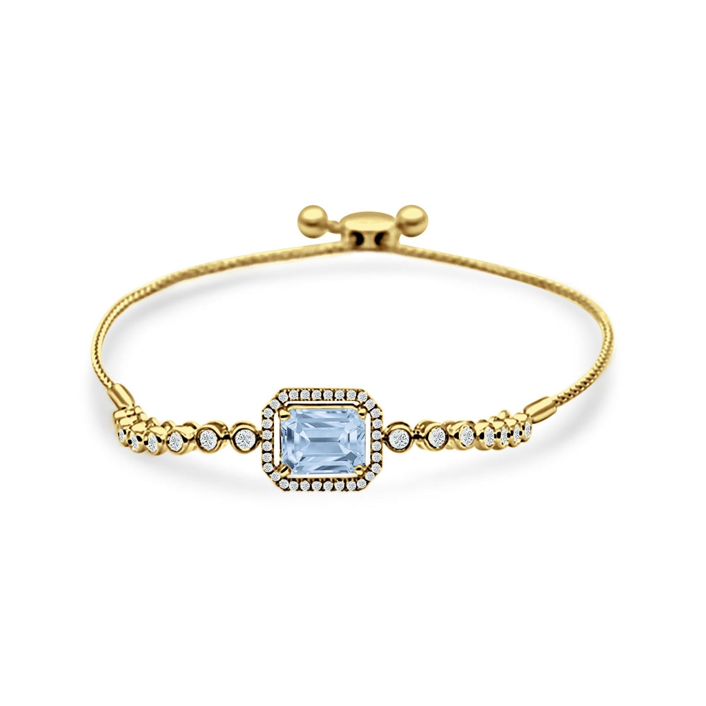 14K Yellow Gold Emerald Cut Aquamarine Adjustable Bolo Chain Bracelet Natural Diamond Wholesale