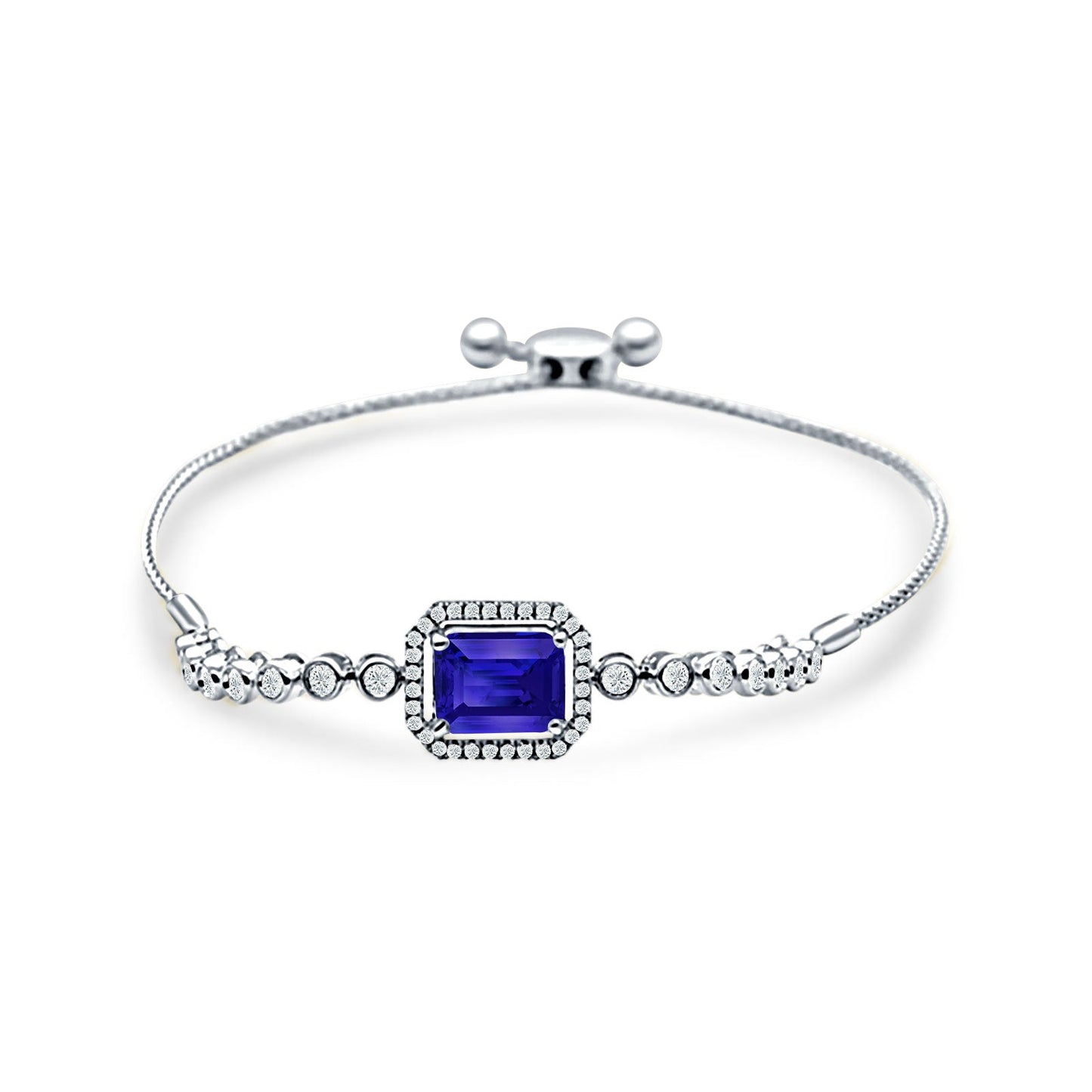 14K White Gold Emerald Cut Blue Sapphire Adjustable Bolo Chain Bracelet Natural Diamond Wholesale