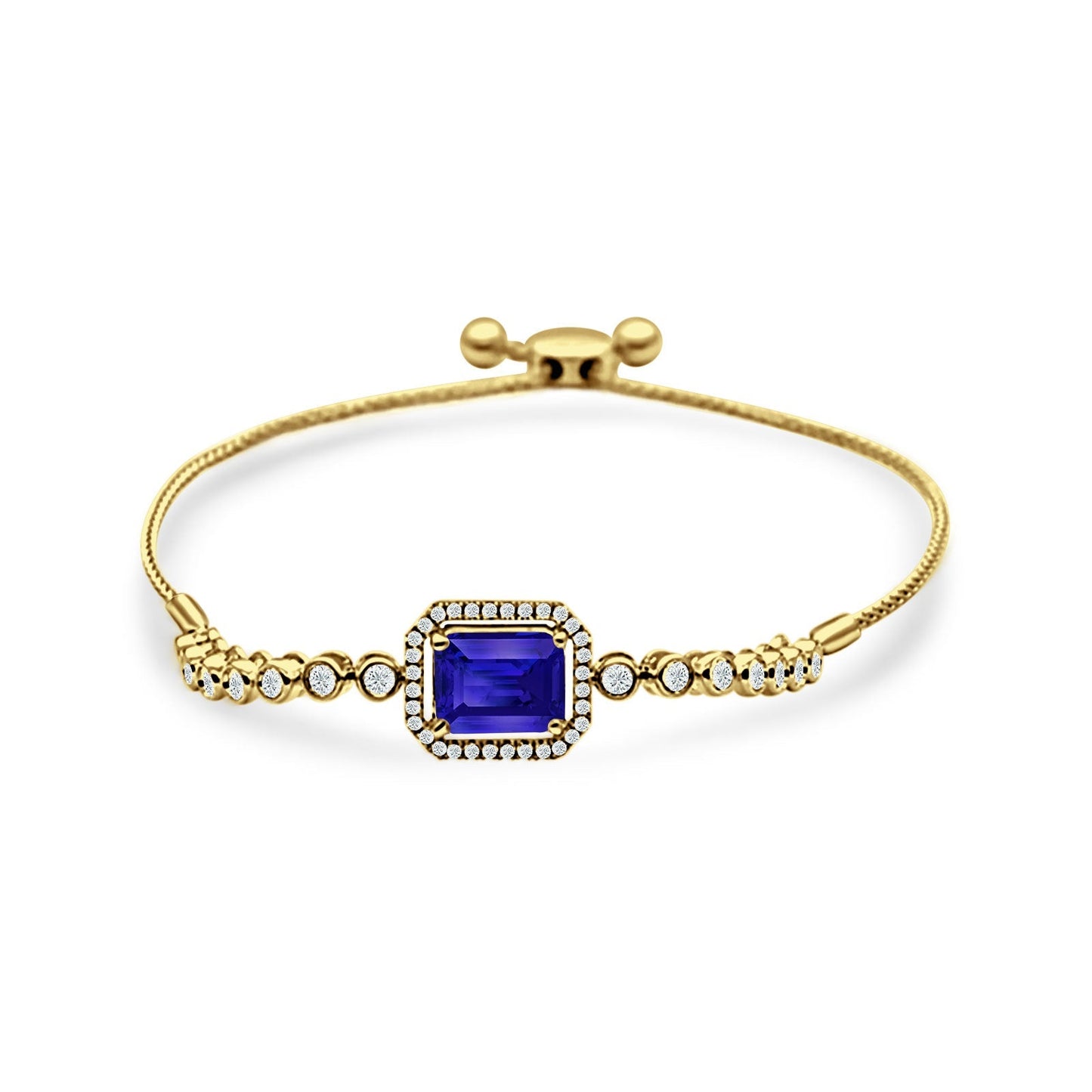 14K Yellow Gold Emerald Cut Blue Sapphire Adjustable Bolo Chain Bracelet Natural Diamond Wholesale