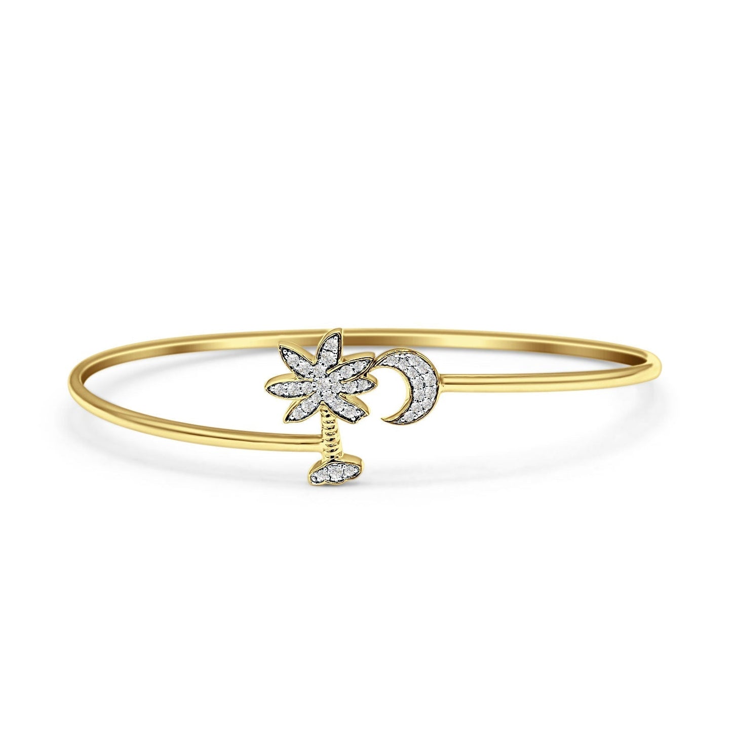 14K Yellow Gold 7 Palm Tree & Moon Bangle Round Natural Diamond Bracelet Wholesale