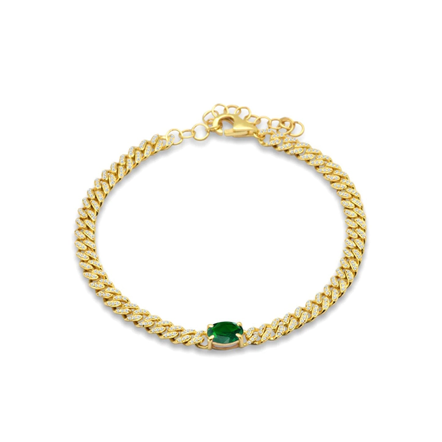 14K Yellow Gold Oval Green Emerald Cluster Natural Diamond Cuban Link Chain Bracelet Wholesale