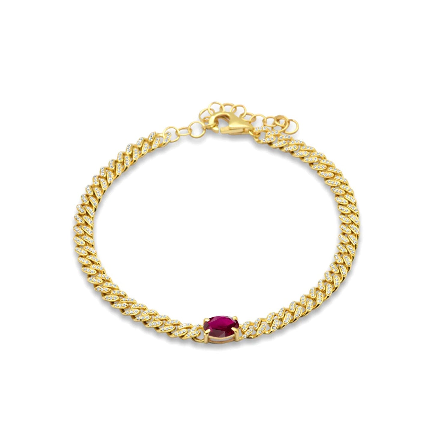 14K Yellow Gold Oval Ruby Cluster Natural Diamond Cuban Link Chain Bracelet Wholesale