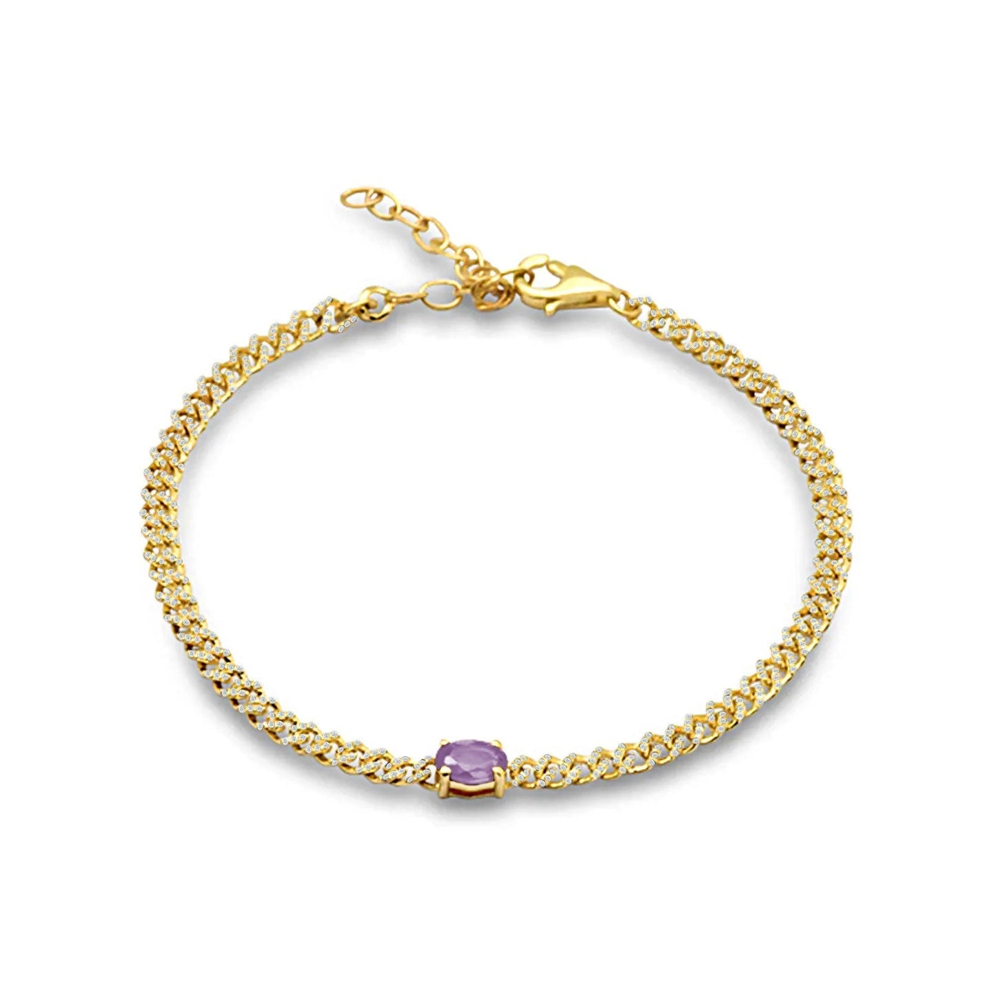 14K Yellow Gold Oval Amethyst 4mm Link Chain Bracelet Natural Diamond Wholesale