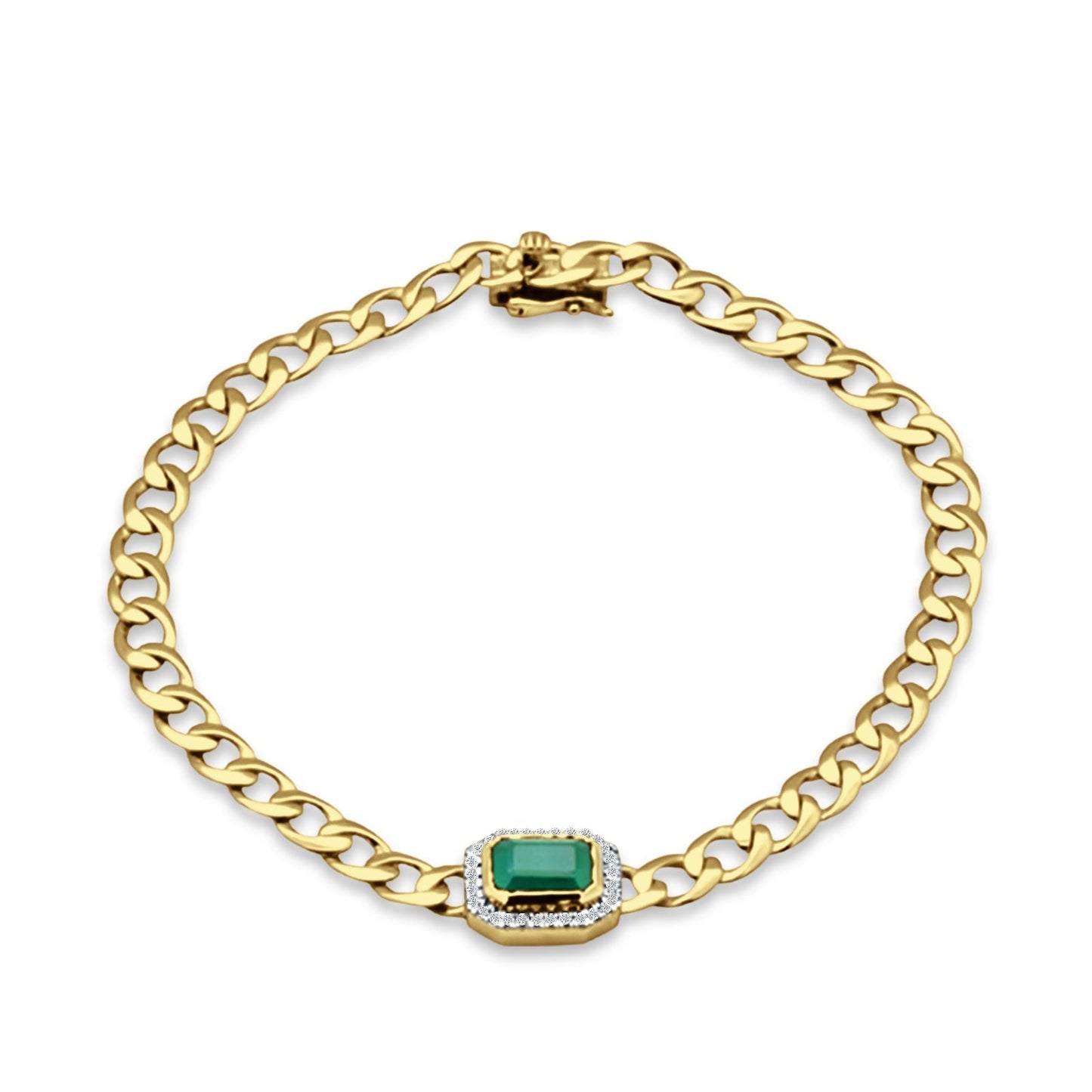 14K Yellow Gold 7Inches Link Chain Cuban Bracelet Green Emerald Cut Halo Diamond