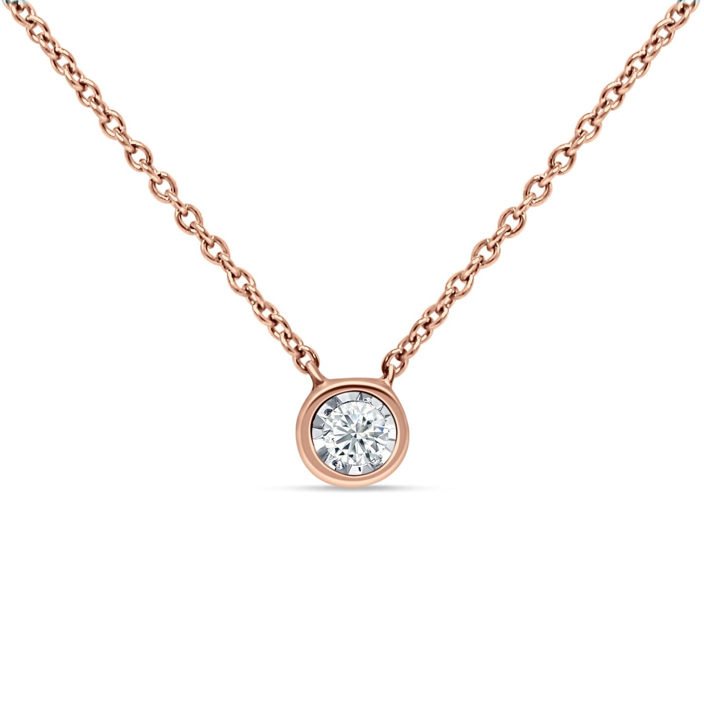 14K Rose Gold 0.07ct Solitaire Bezel Set Diamond Pendant Chain Necklace 18" Long Wholesale