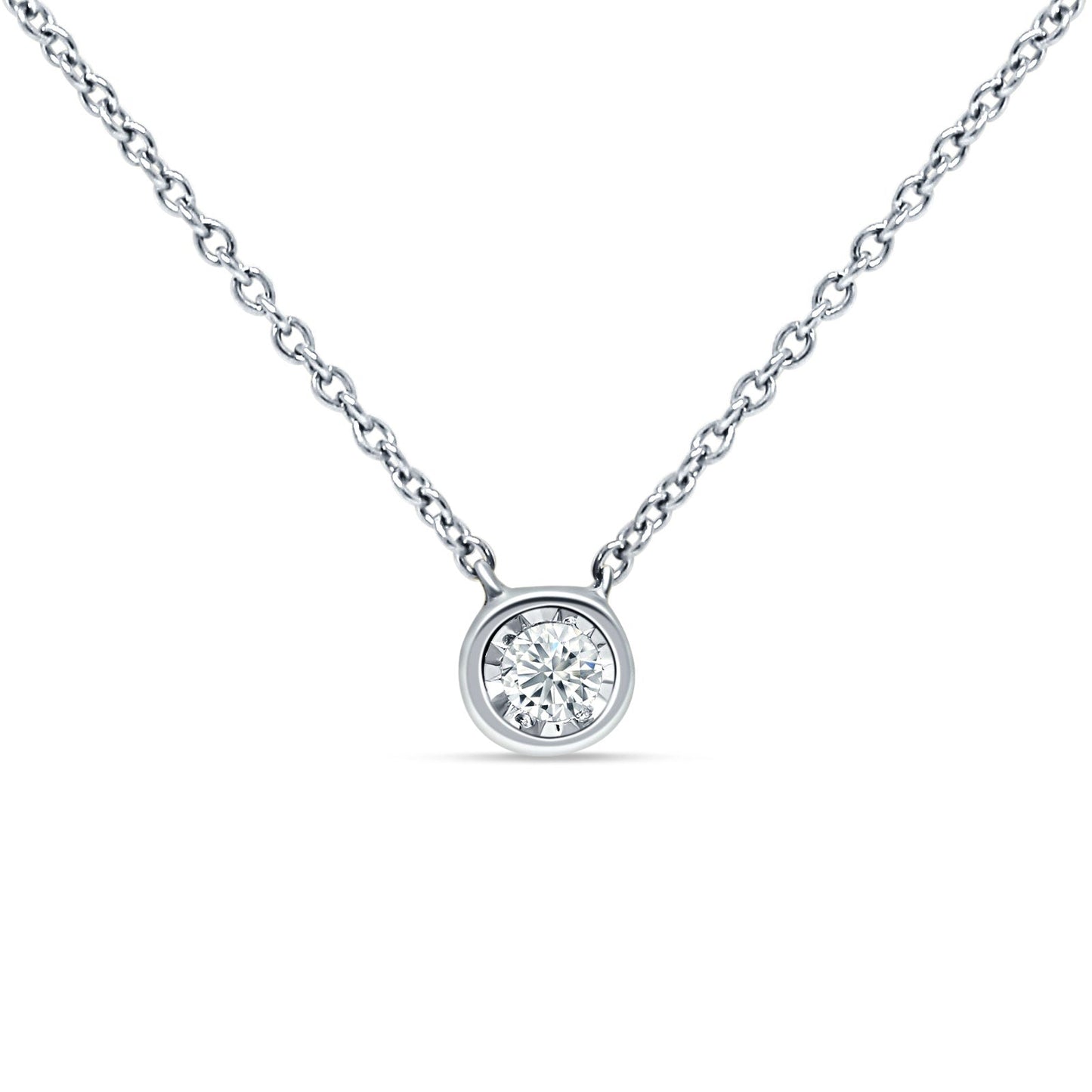 14K White Gold 0.07ct Solitaire Bezel Set Diamond Pendant Chain Necklace 18" Long Wholesale