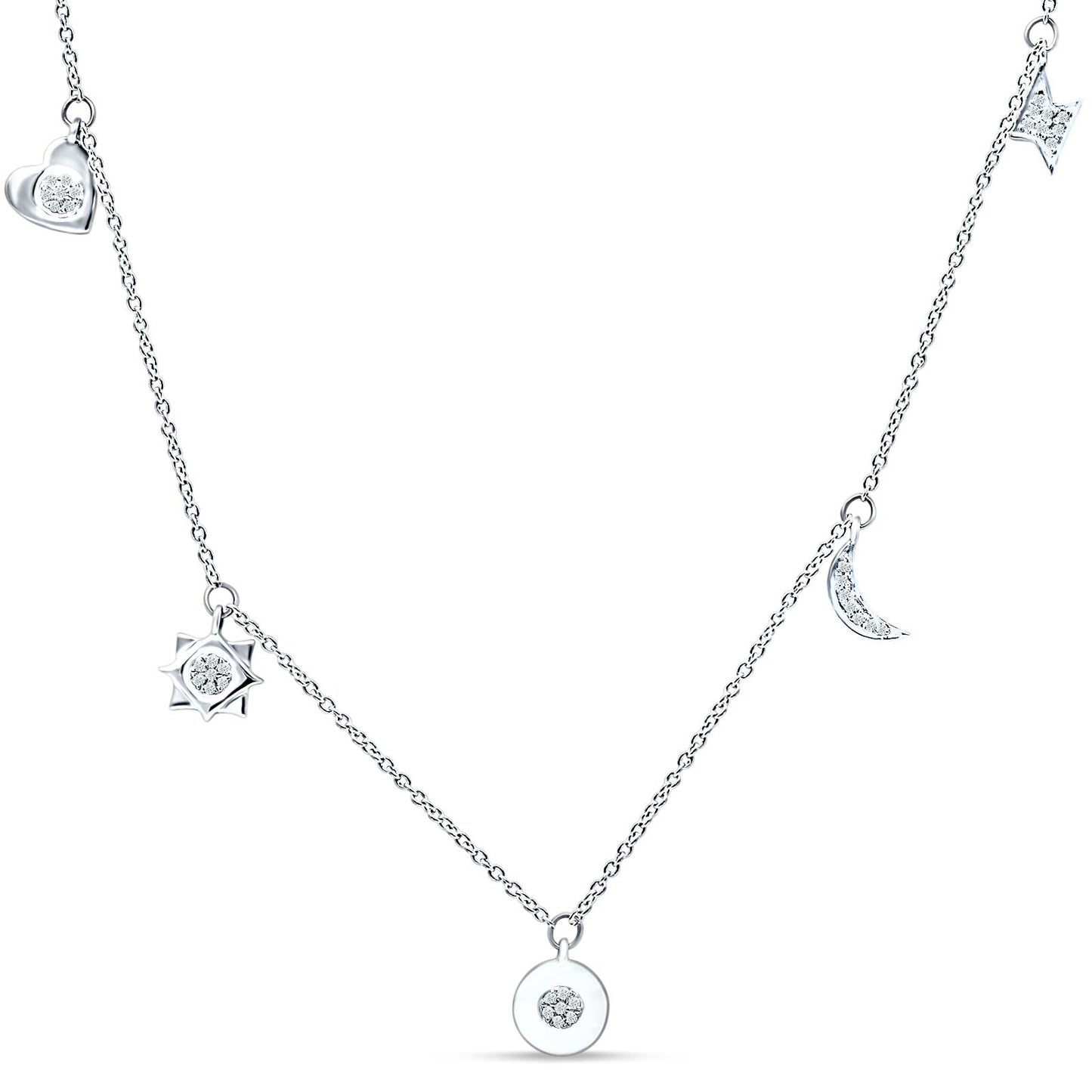 Dangling Moon Star Heart Diamond Necklace 14K White Gold 0.07ct Wholesale