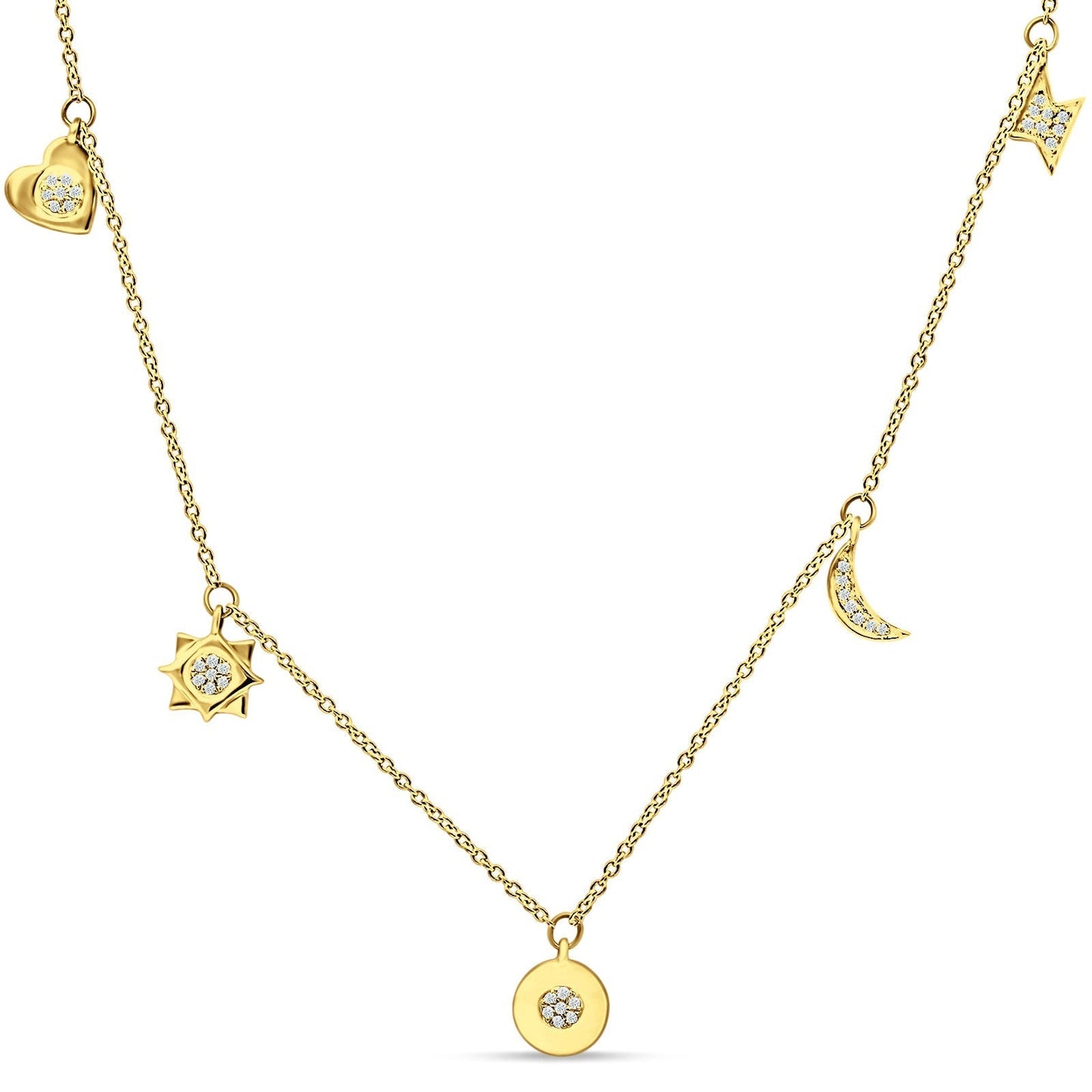 Dangling Moon Star Heart Diamond Necklace 14K Yellow Gold 0.07ct Wholesale