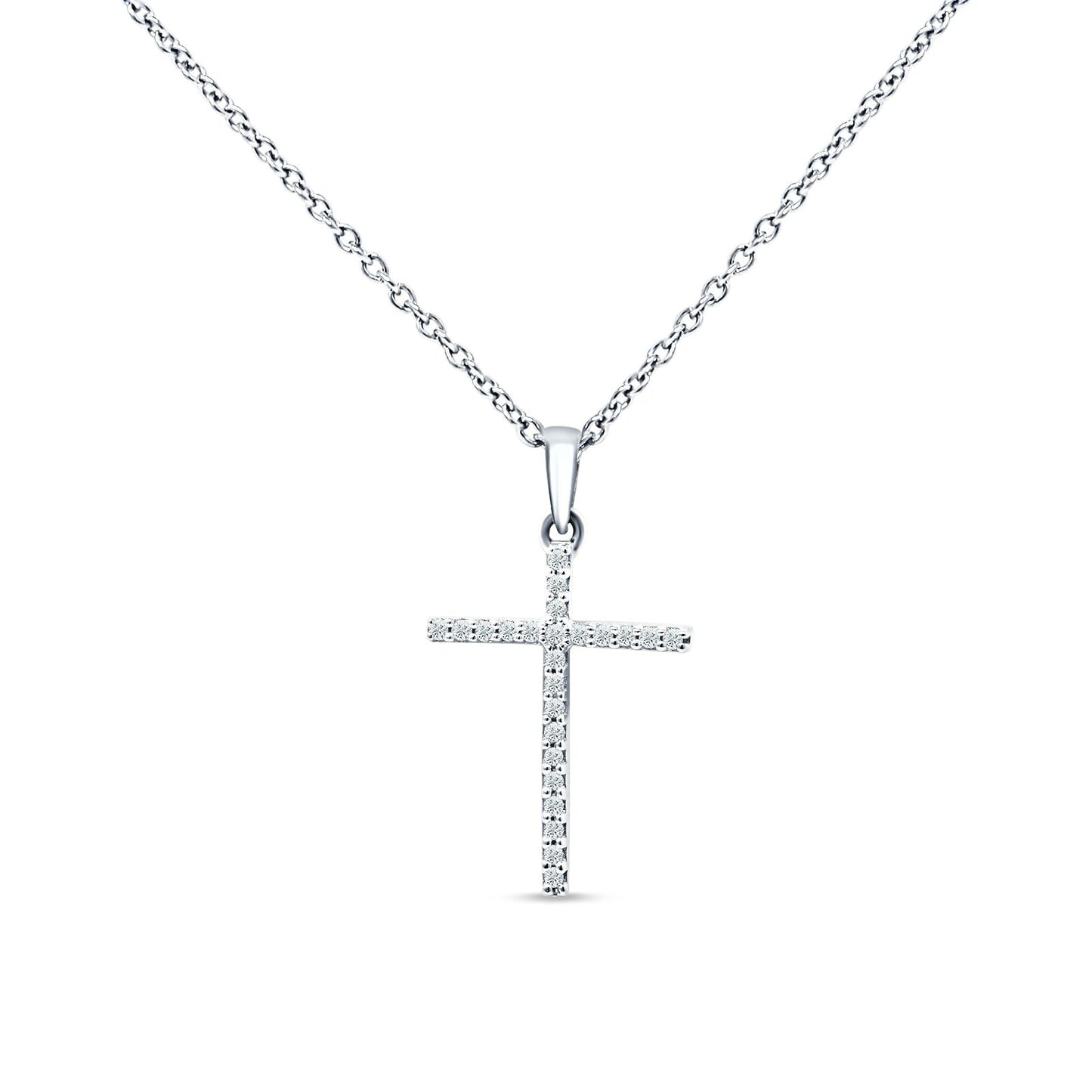 14K White Gold 0.05ct Diamond Cross Pendant Necklace 18" Long Wholesale