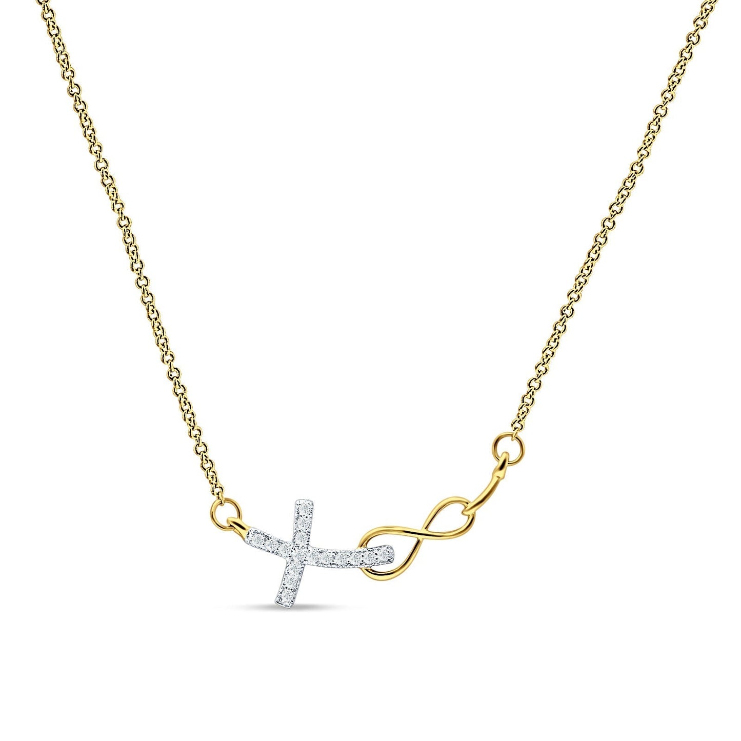 Cross Pendant Diamond Infinity Necklace 14K Yellow Gold 0.05ct Wholesale