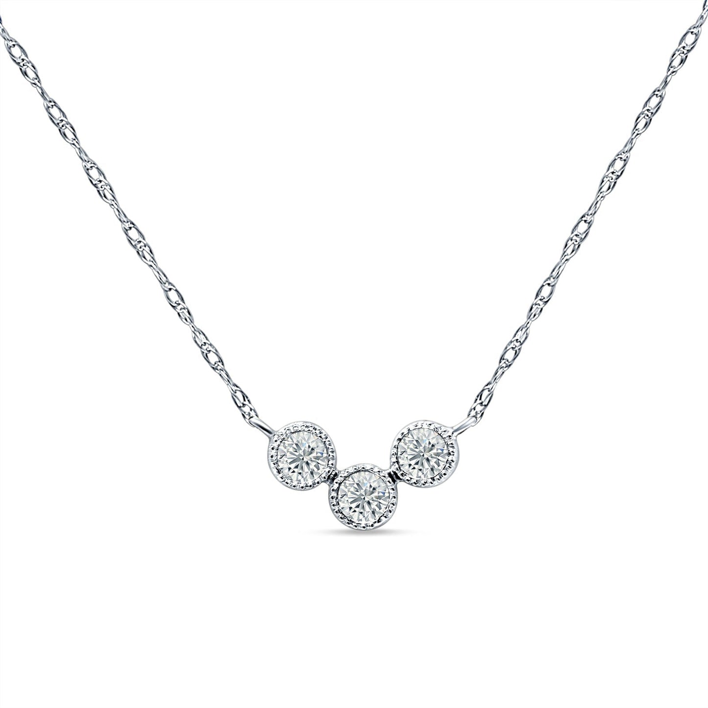 14K White Gold 0.13ct Three Stone Diamond Pendant Chain Necklace 18" Long Wholesale