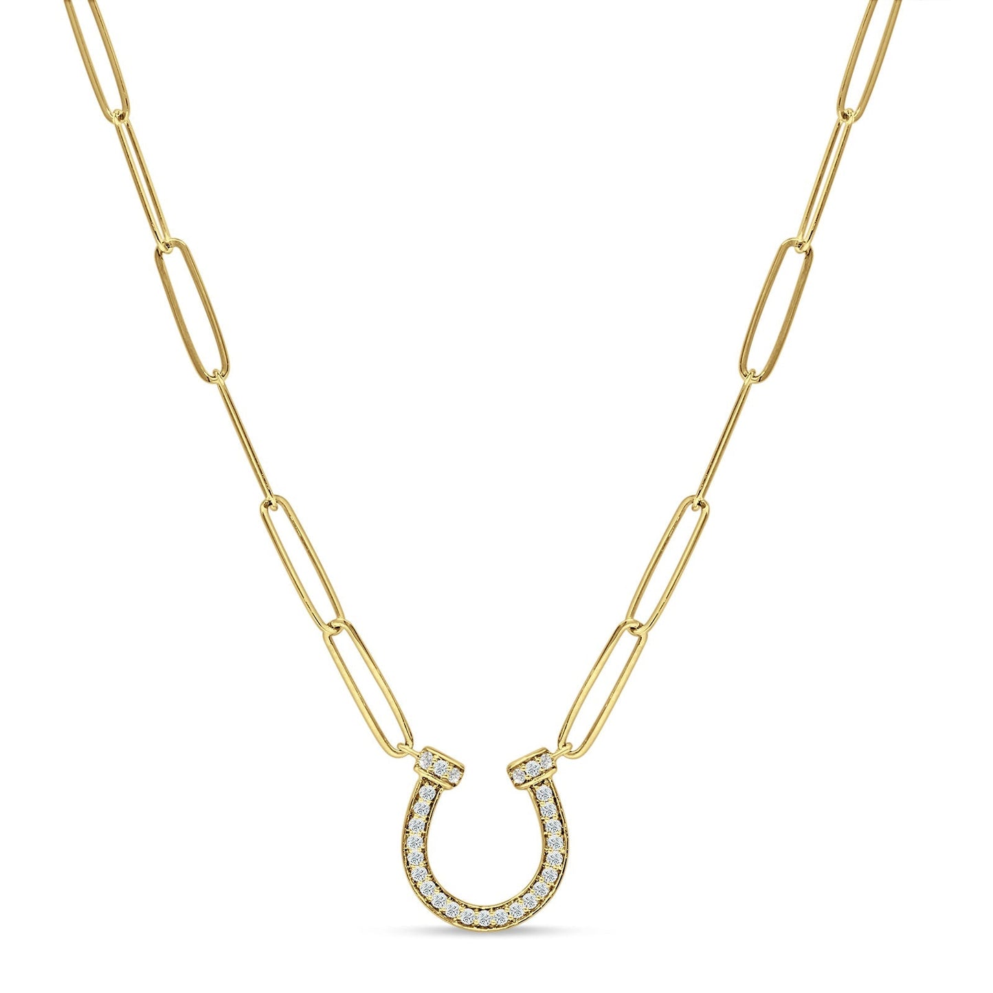 Diamond Horseshoe Necklace Paper Clips Chain 14K Yellow Gold 0.13ct Wholesale