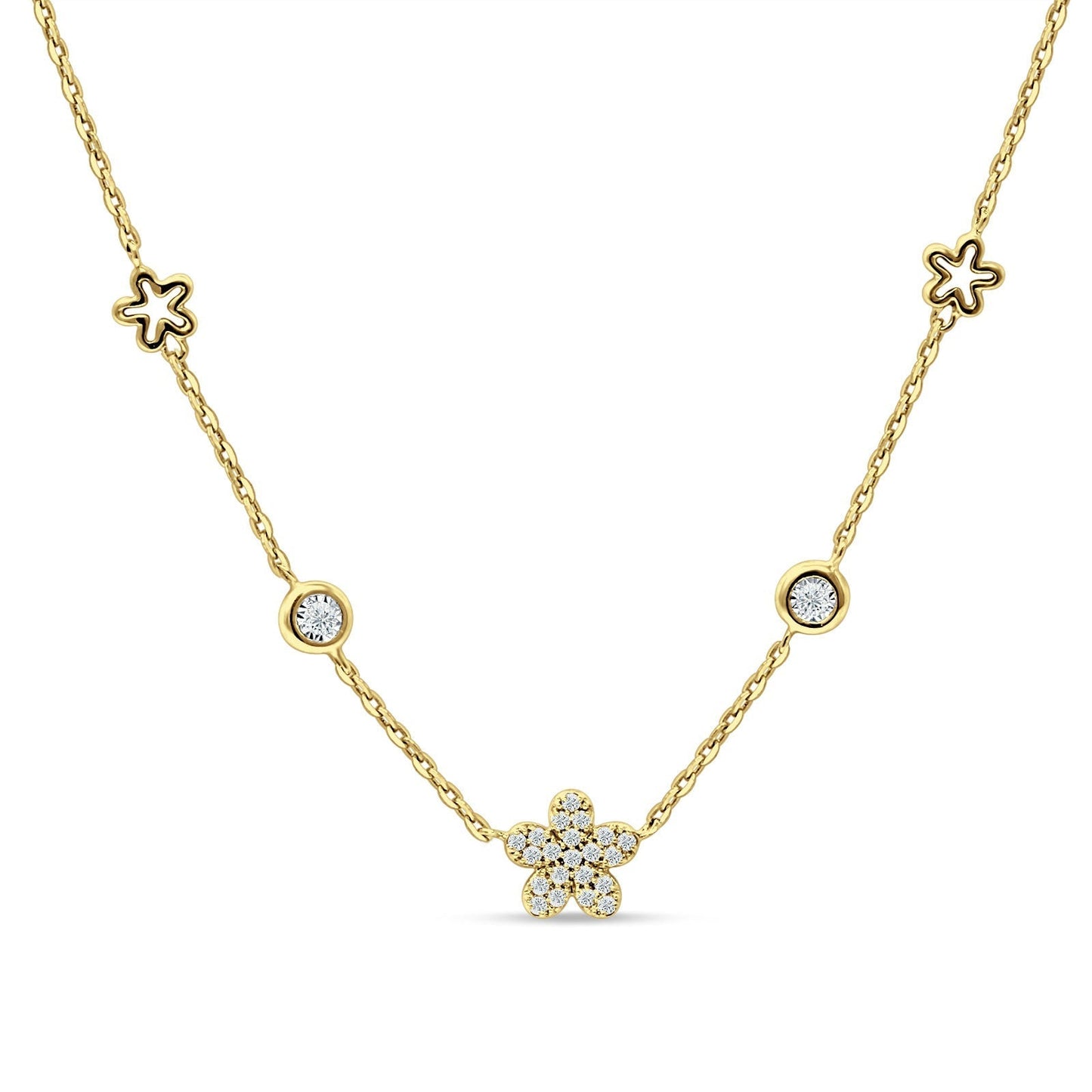 Diamond Flower Star Pendant Necklace 14K Yellow Gold 0.09ct Wholesale