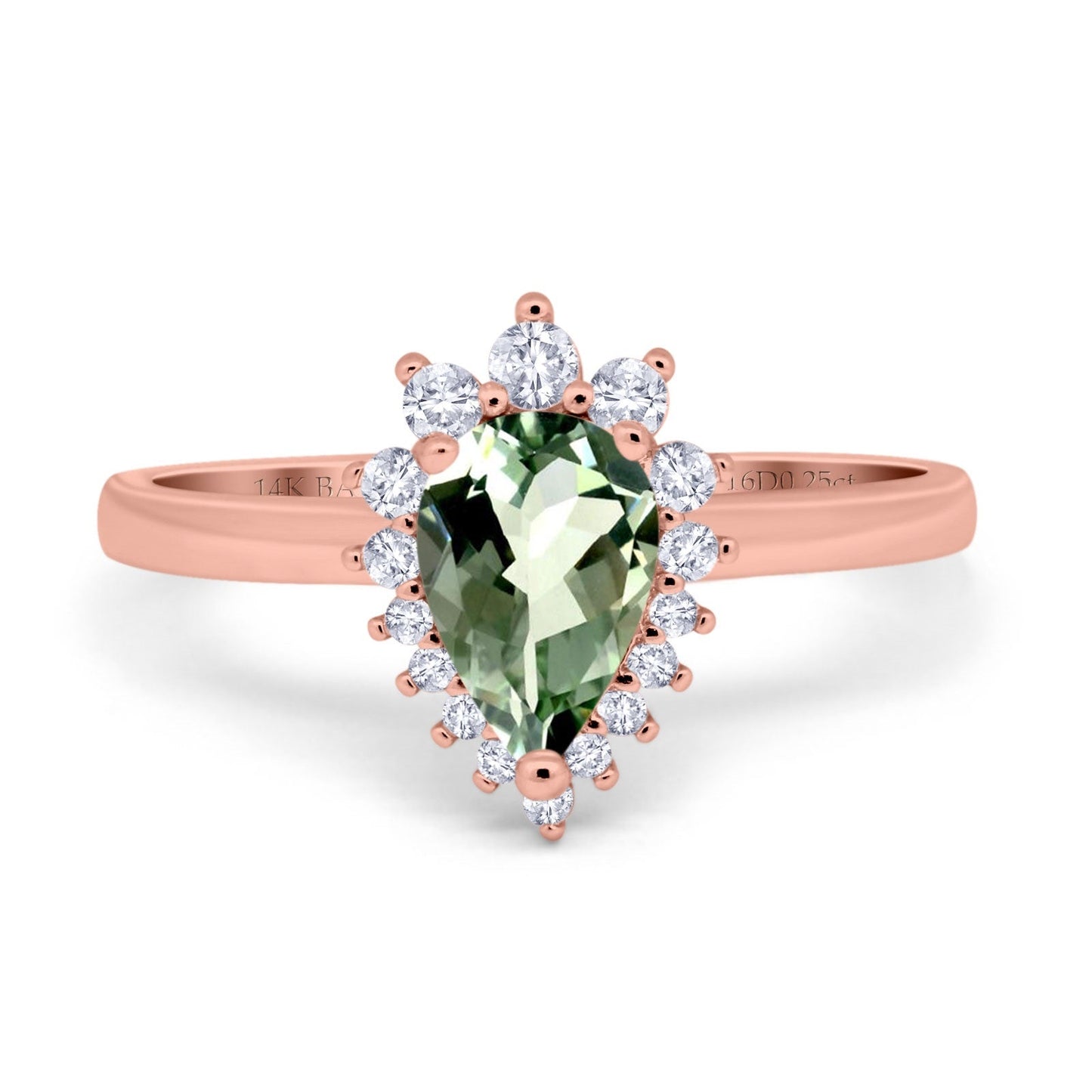 14K Rose Gold 2.00ct Teardrop Pear 9mmx7mm G SI Natural Green Amethyst Diamond Engagement Wedding Ring Size 6.5