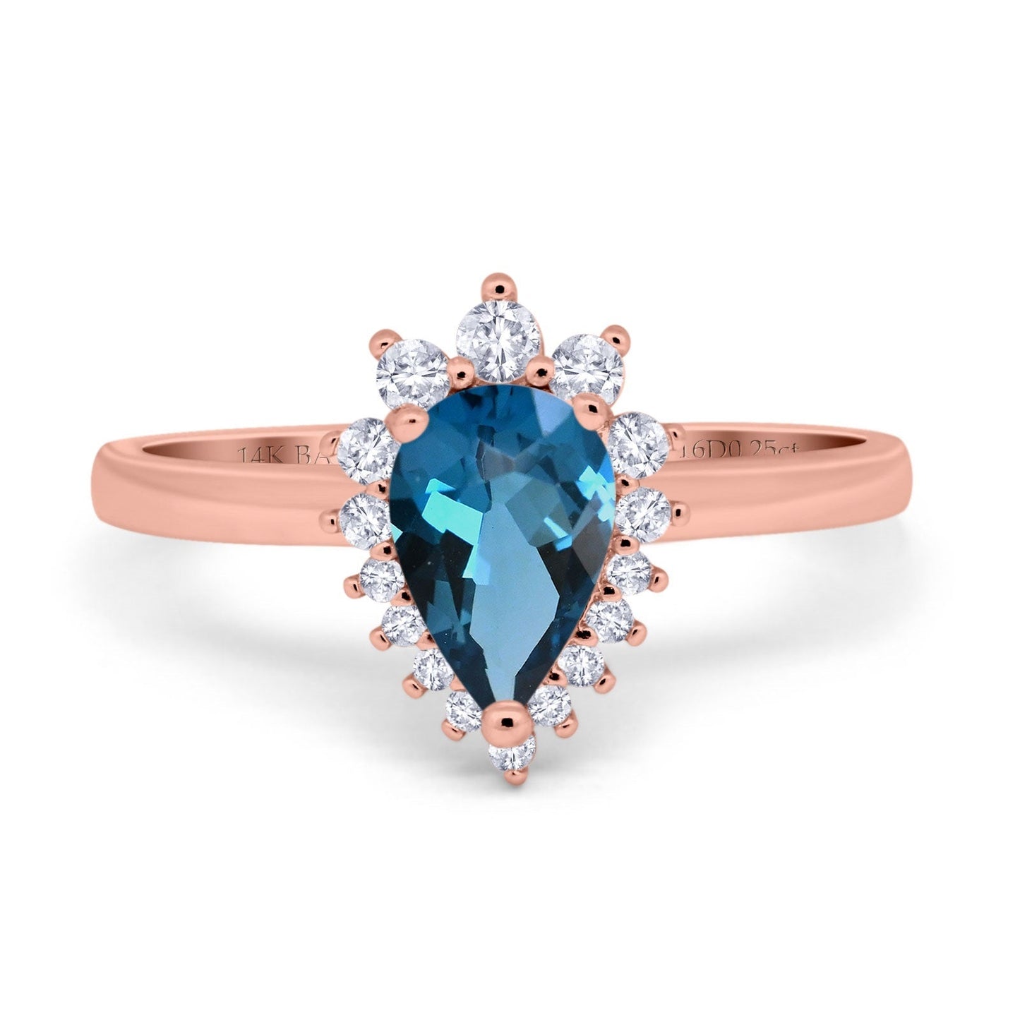 14K Rose Gold 2.00ct Teardrop Pear 9mmx7mm G SI London Blue Topaz Diamond Engagement Wedding Ring Size 6.5