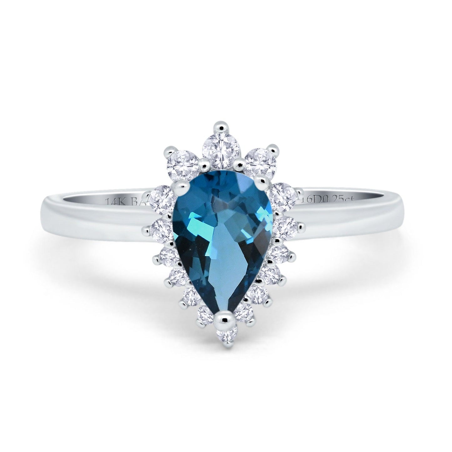 14K White Gold 2.00ct Teardrop Pear 9mmx7mm G SI London Blue Topaz Diamond Engagement Wedding Ring Size 6.5