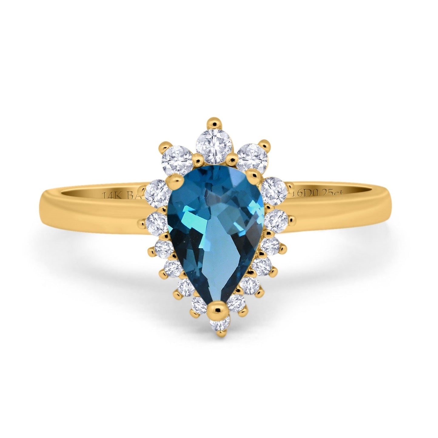 14K Yellow Gold 2.00ct Teardrop Pear 9mmx7mm G SI London Blue Topaz Diamond Engagement Wedding Ring Size 6.5