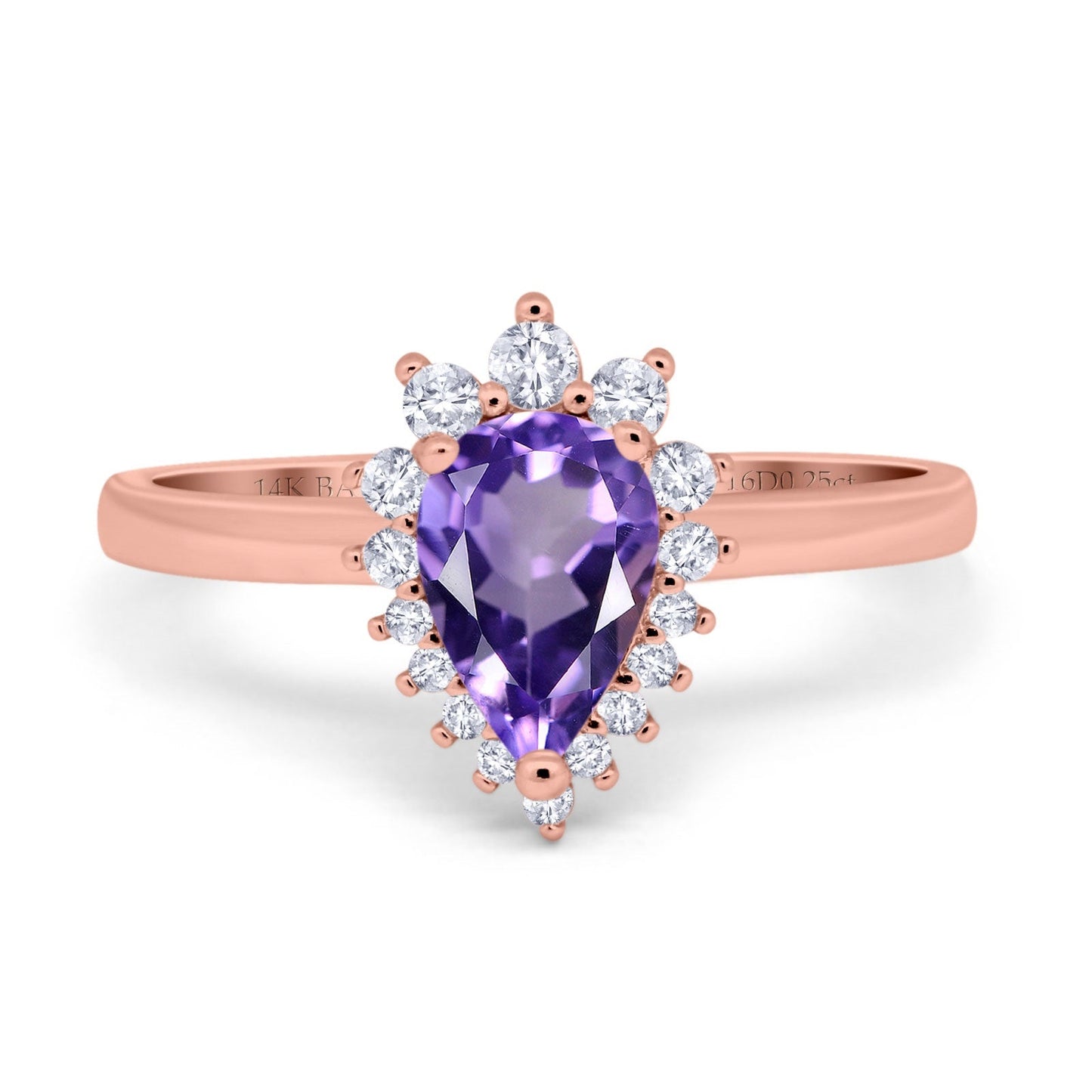 14K Rose Gold 2.00ct Teardrop Pear 9mmx7mm G SI Natural Amethyst Diamond Engagement Wedding Ring Size 6.5