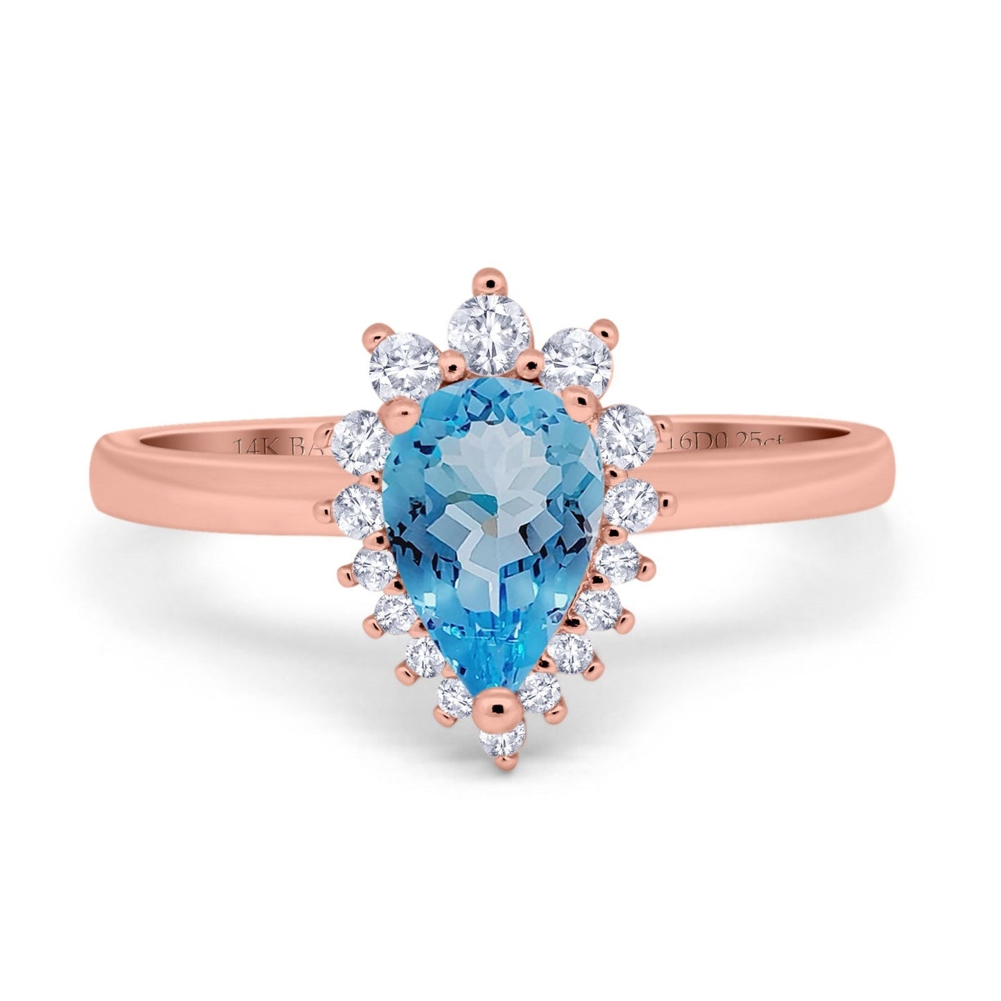 14K Rose Gold 2.00ct Teardrop Pear 9mmx7mm G SI Natural Blue Topaz Diamond Engagement Wedding Ring Size 6.5