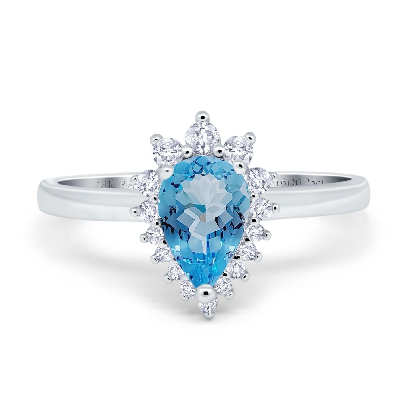 Bague de fiançailles en or blanc 14 carats avec topaze bleue naturelle en forme de poire de 9 mm x 7 mm et 2,00 ct en forme de larme, taille 6,5