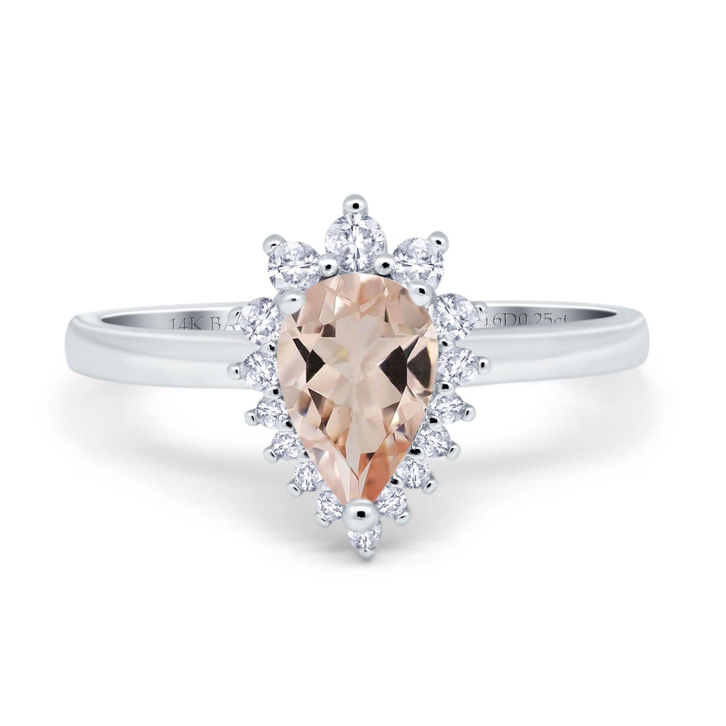 14K White Gold 2.00ct Teardrop Pear 9mmx7mm G SI Natural Morganite Diamond Engagement Wedding Ring Size 6.5